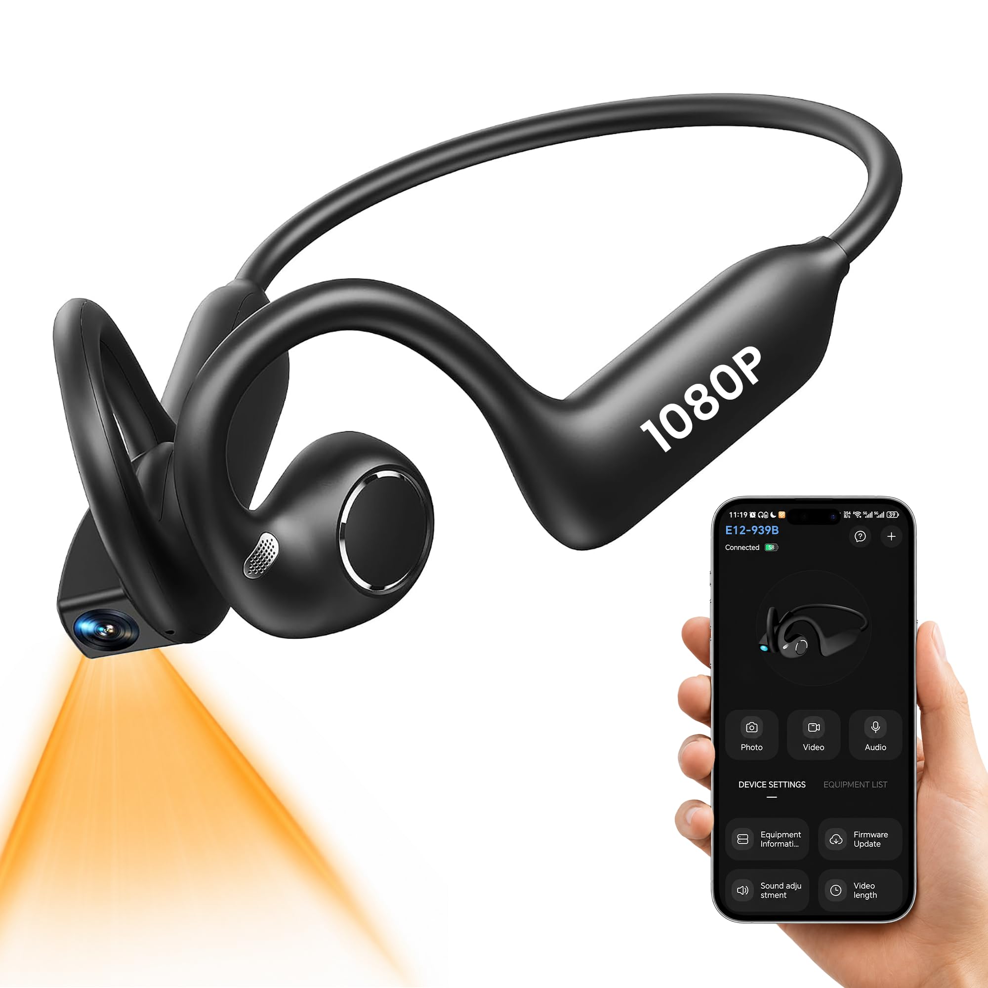 Knochenleitungs‑Bluetooth‑Kopfhörer mit 8‑MP‑Kamera, Bildstabilisierung
