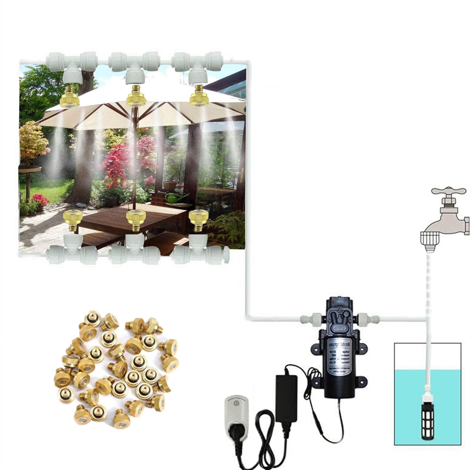Nebulizzatore Giardino da Esterno con Pompa silenziosa 24v, Kit di nebulizzazione con filtro, Sisteme di Raffreddamento for Patio, Sisteme Irrigazione Giardino con Ugelli Nebulizza