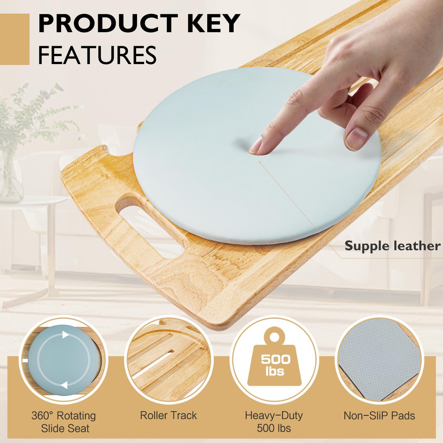Slide Transfer Board with Track Pulley & 360° Turntable, Heavy-Duty Sliding Board, 500 lb Capacity, Wooden Transfer Aid for Seniors & Disabled, Bed, Wheelchair, Car & Toilet, 31.5 x 11 x 1 in