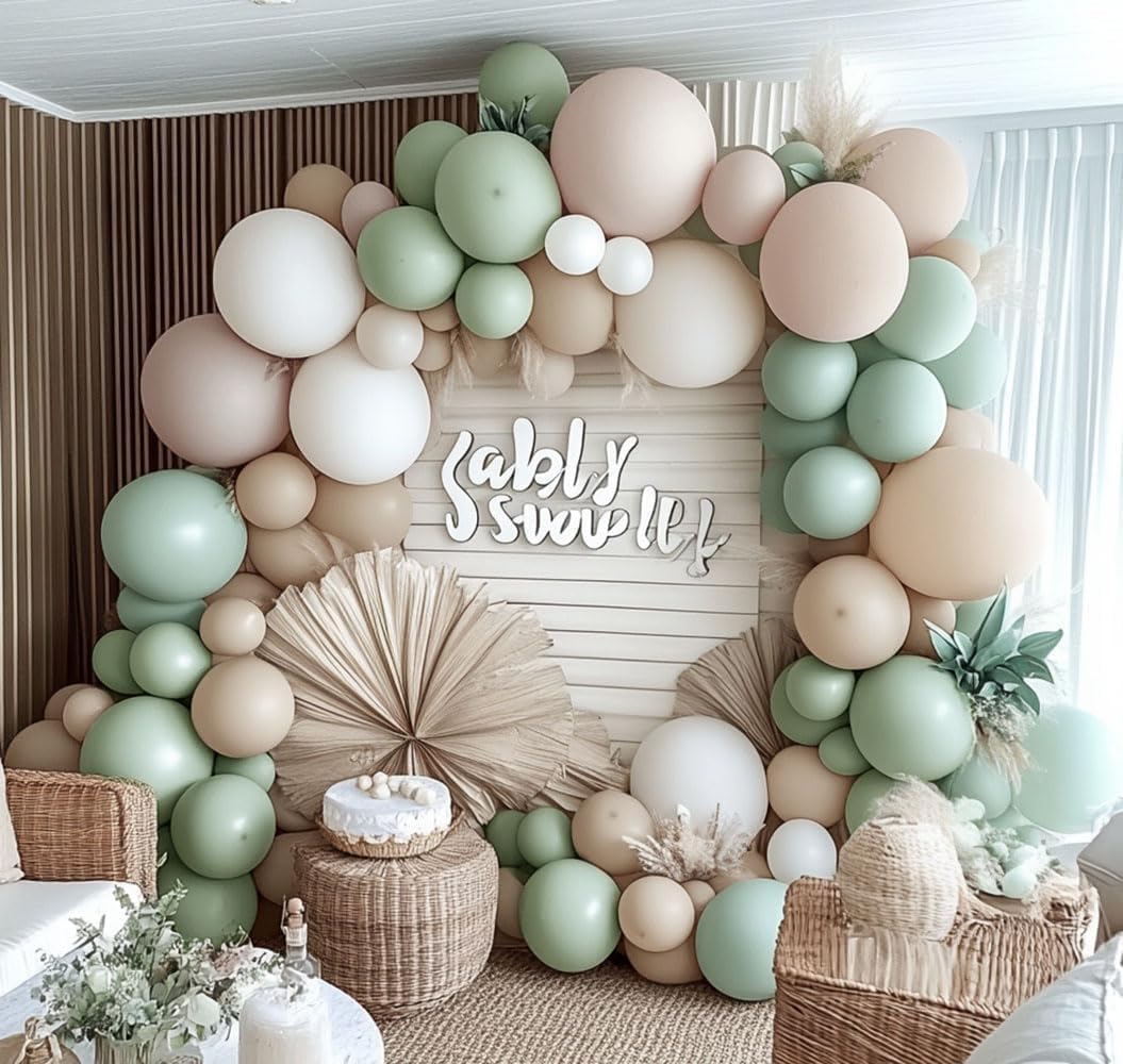 Double Stuffed Sage Green White Balloon Arch
