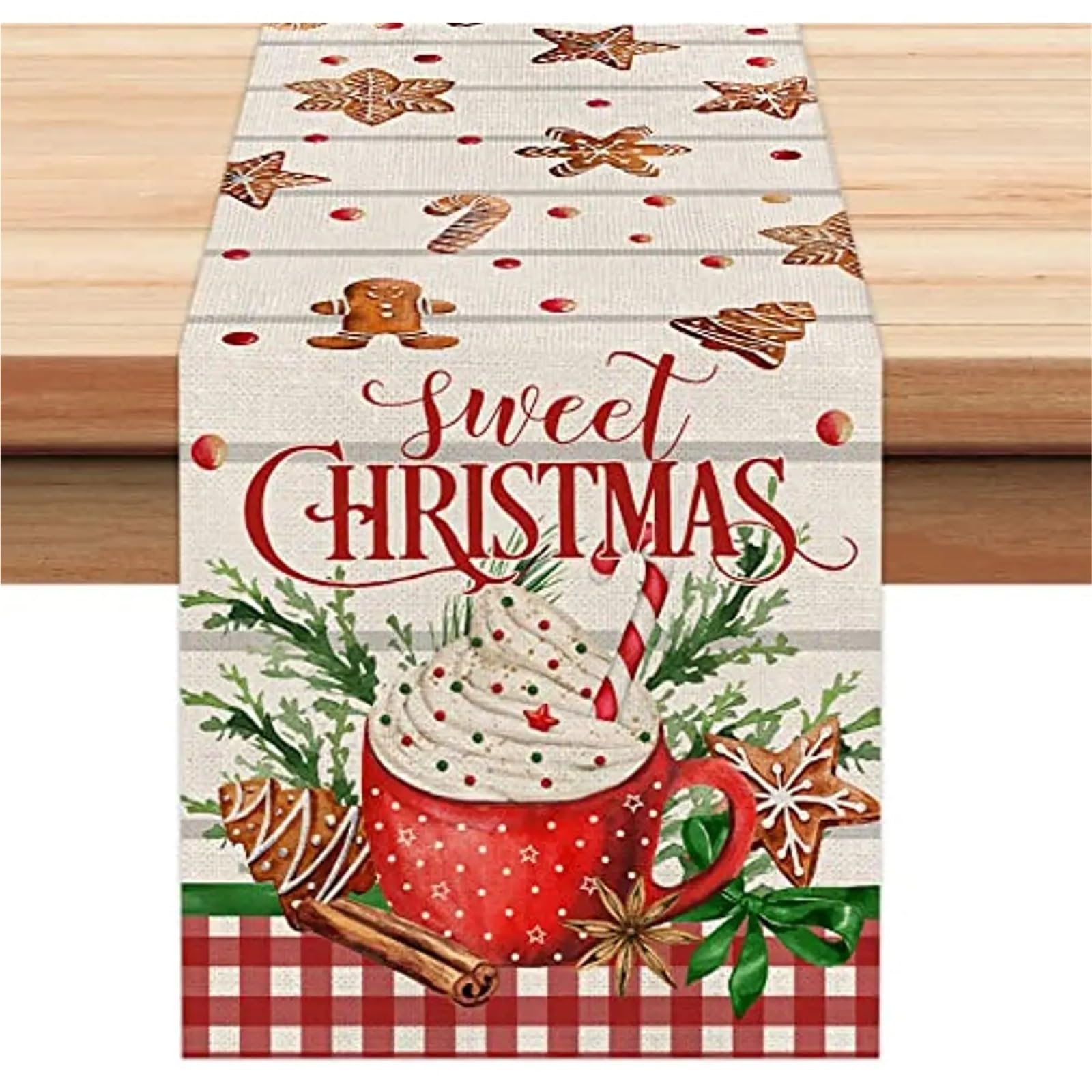 Chemin de table en lin Noël bonhomme de neige rétro rustique pour table de fête 260x33cm