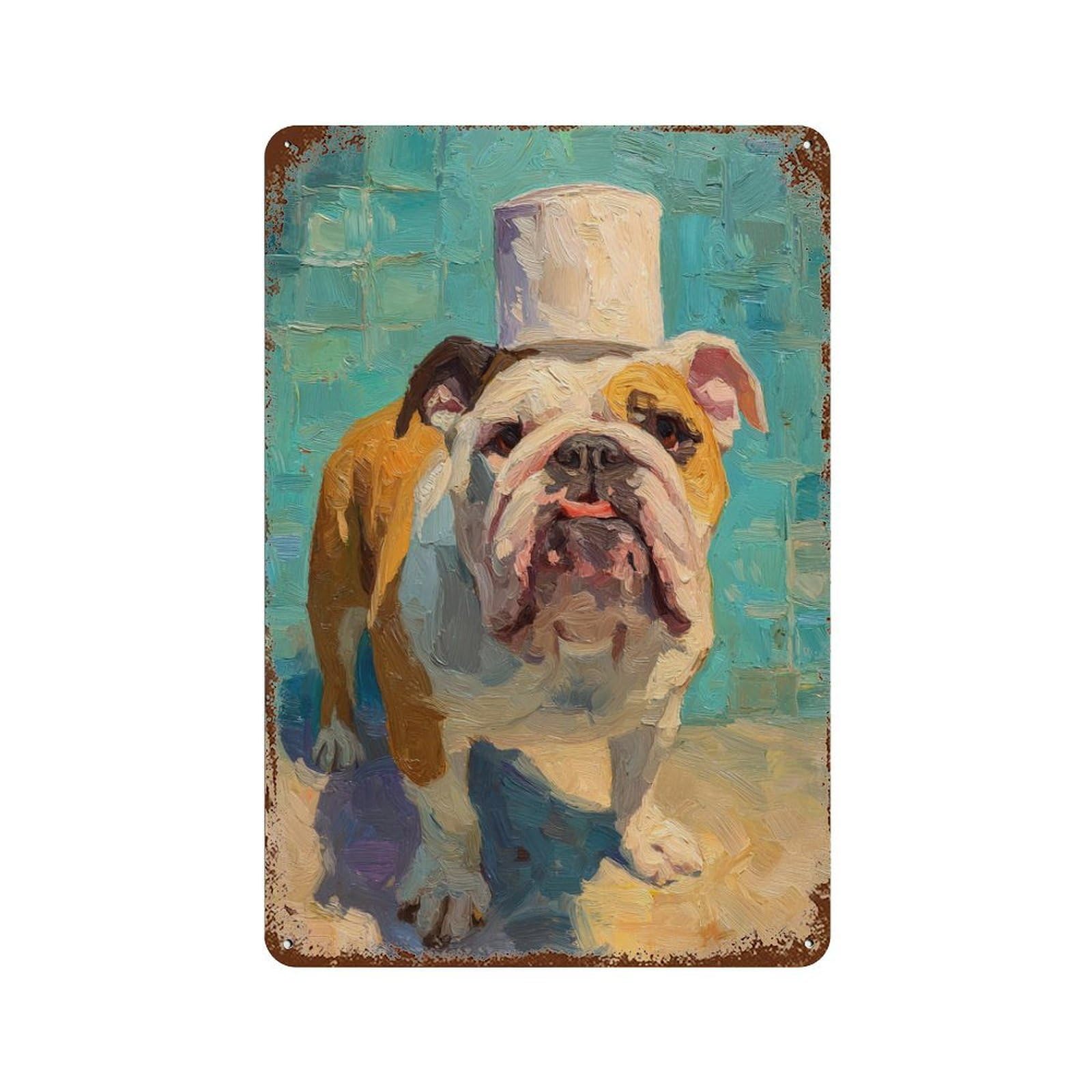 Top Hat Bulldog Art Print 11.8"x7.9" Weathered Tin Sign, Shabby Chic Decor for Farmhouse, Kitchen And Entryway Decor