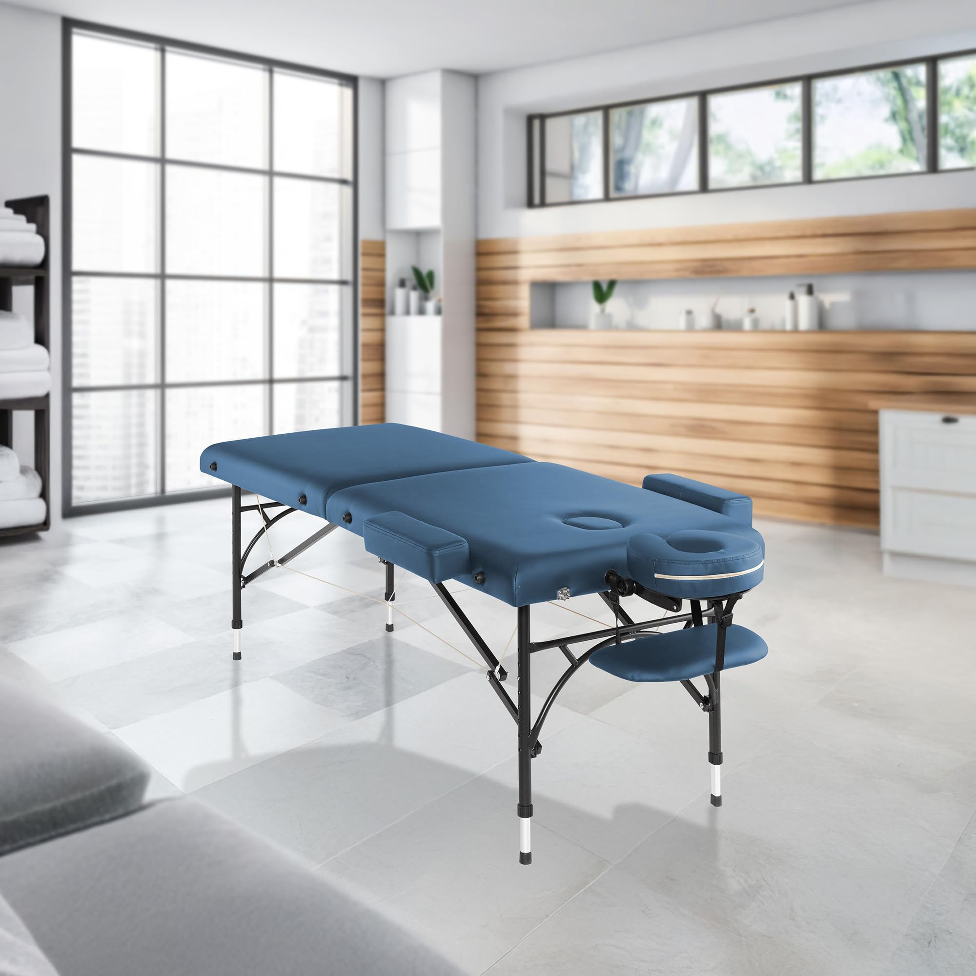 Saloniture Mesa de masaje profesional portátil ligera con patas de aluminio, incluye reposacabezas, soporte facial, reposabrazos y funda de transporte, color azul