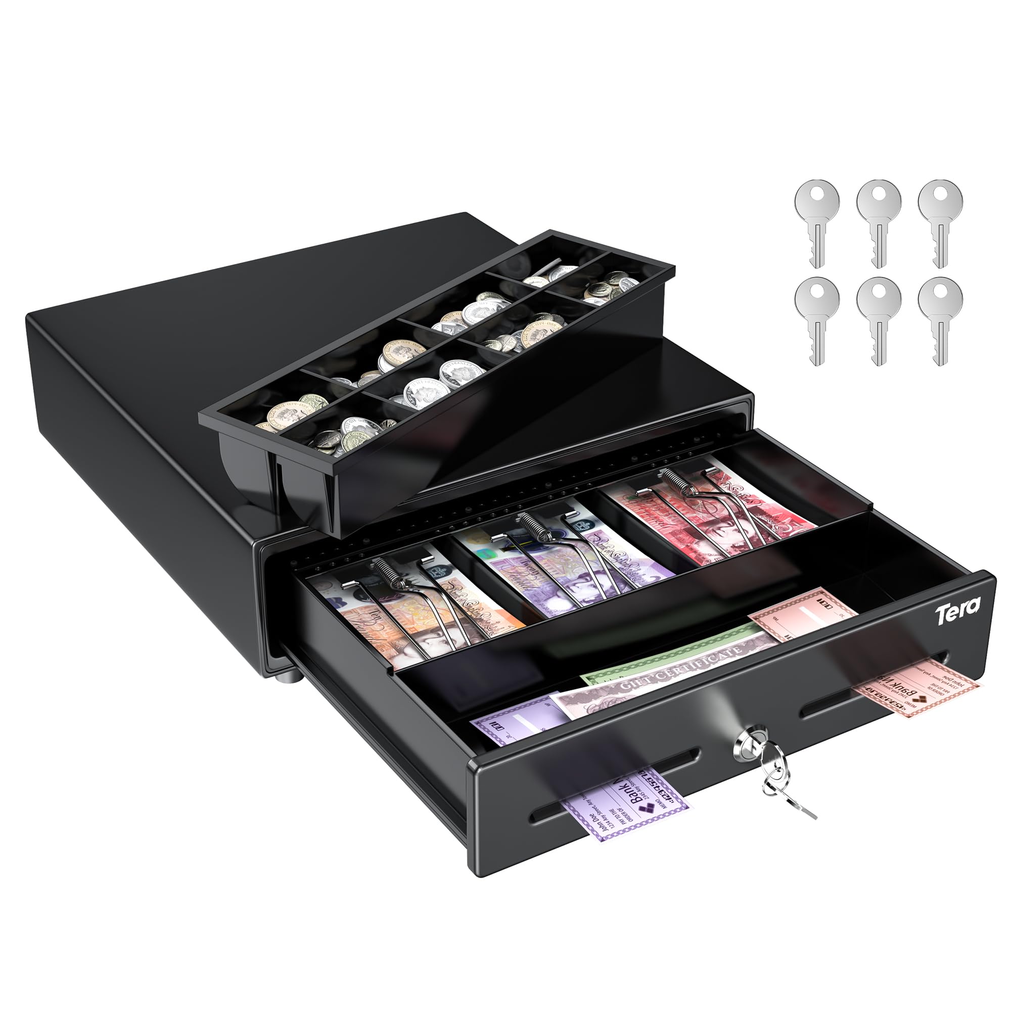 Tera 13" Cash Register Drawer Auto Open 33.5x30x10.4cm with 3 Bill 8 Coin Cash Tray 6 Keys Removable Coin Compartment Key-Lock 12V RJ12 Interface Media Slot for System Shop Business 330G