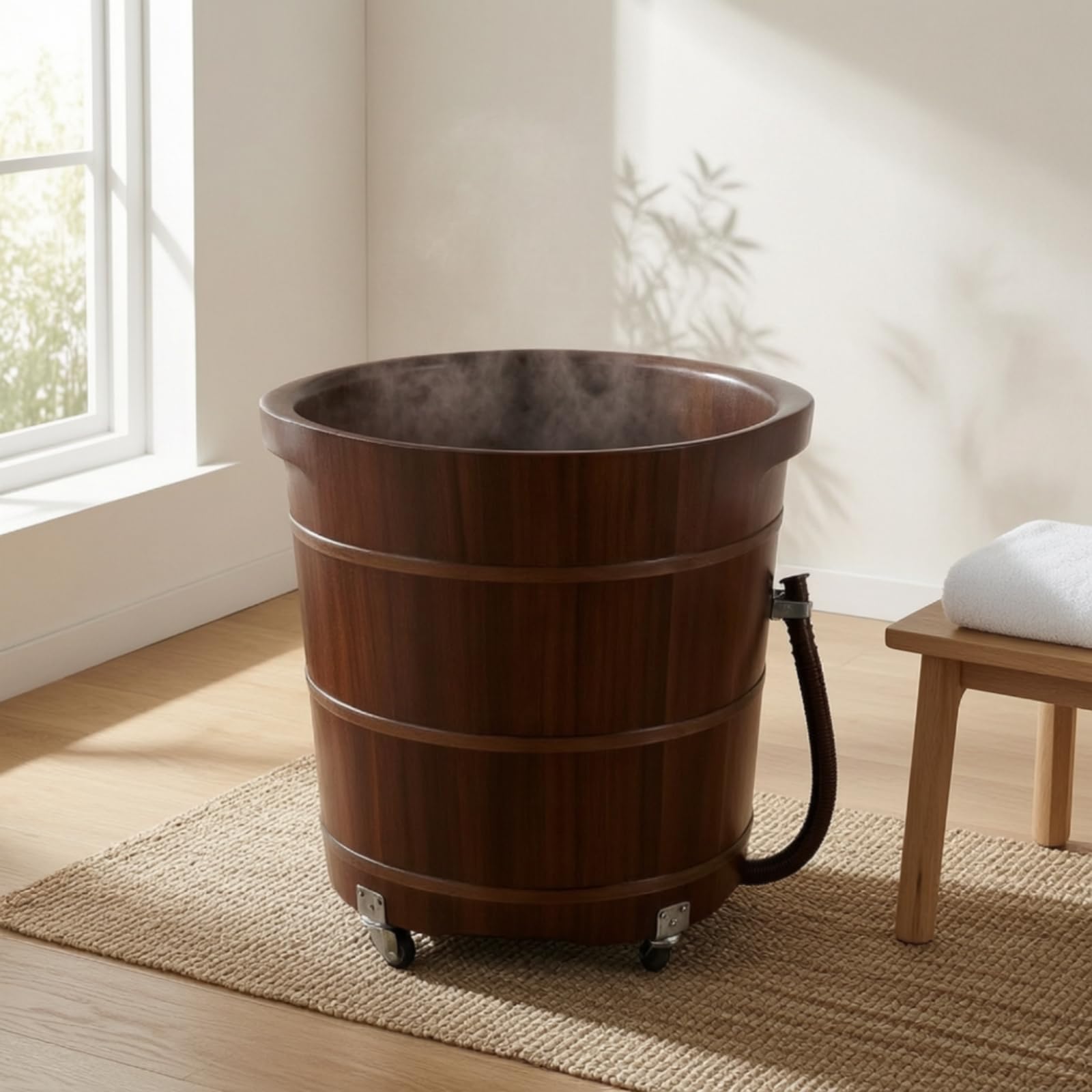 Fußbadezuber aus rustikal Fußbadewanne aus tief Fußbecken mit Ablaufschlauch für Pediküre, Badezimmer, 40 Cm, Pfirsichkernholz, Doppelohr, Mit Rollen, 40 Cm Hoch