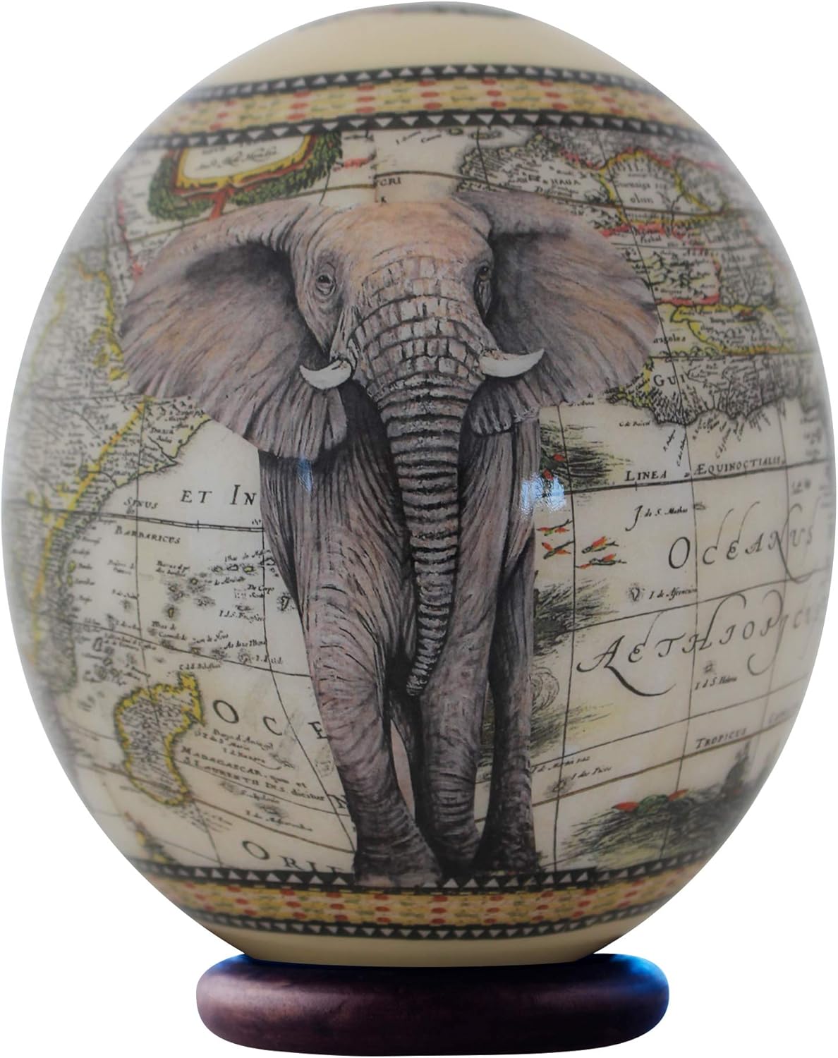 Decoupage elephant and map ostrich egg