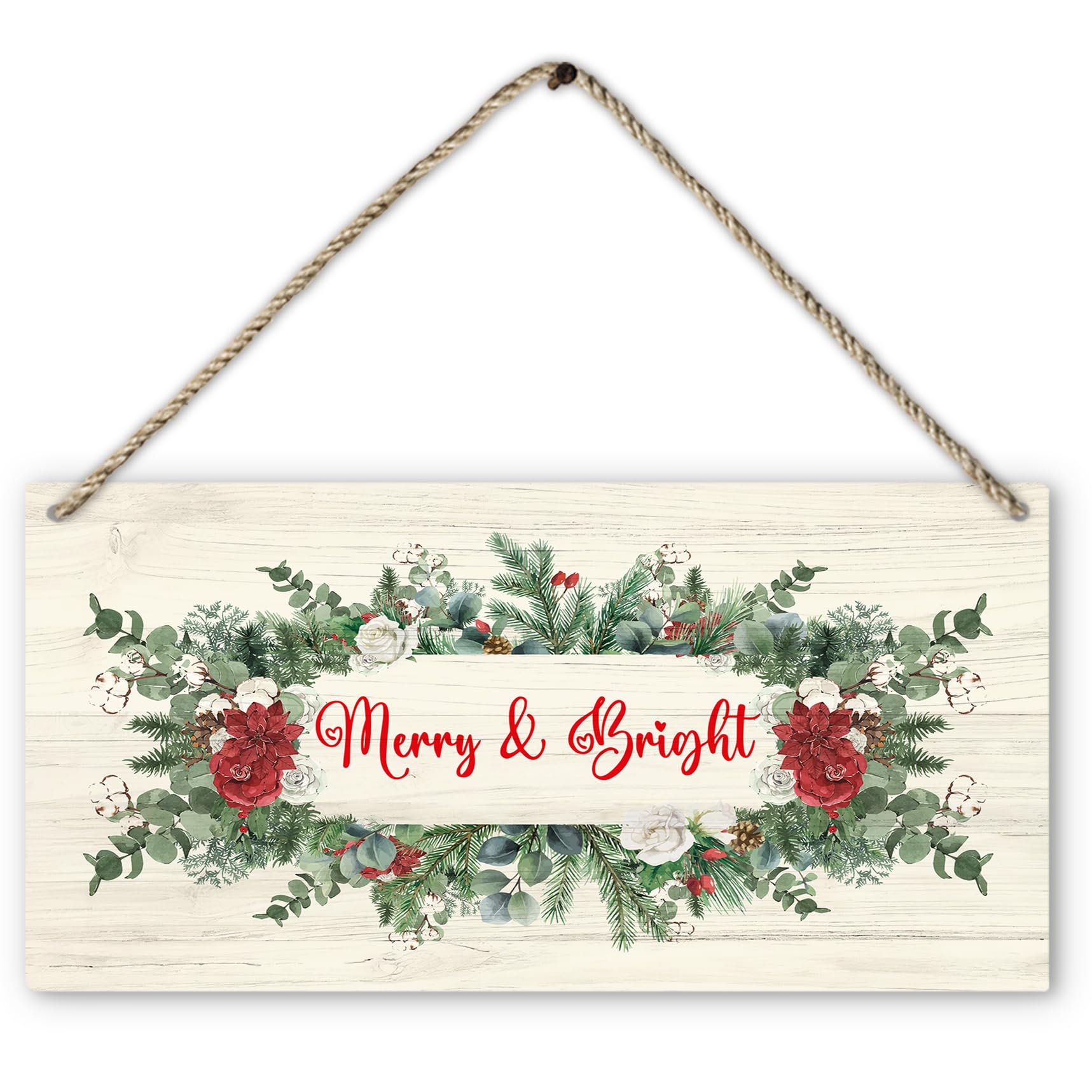 PHAMTE Merry And Bright Christmas Plaque, Botanical Floral Printed Rustic Wood Wall Hanging, Merry Christmas Holiday Hanging Sign for Home Xmas Room Decor - 12 x 6 Inches
