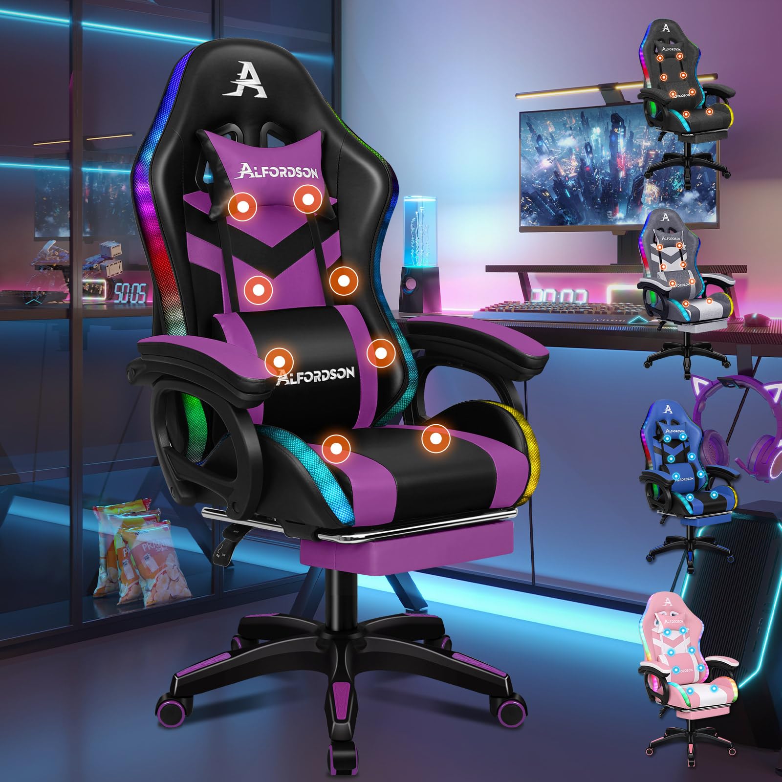 ALFORDSON Gaming Stuhl Gamer Stühle RGB LED Racing Gamer-Stuhl PC-Gaming-Sessel Massage Bürostuhl ergonomisch Fußstützen, Schreibtischstuhl, Neigungswinkel 90-150°,180 kg belastbar, Lila