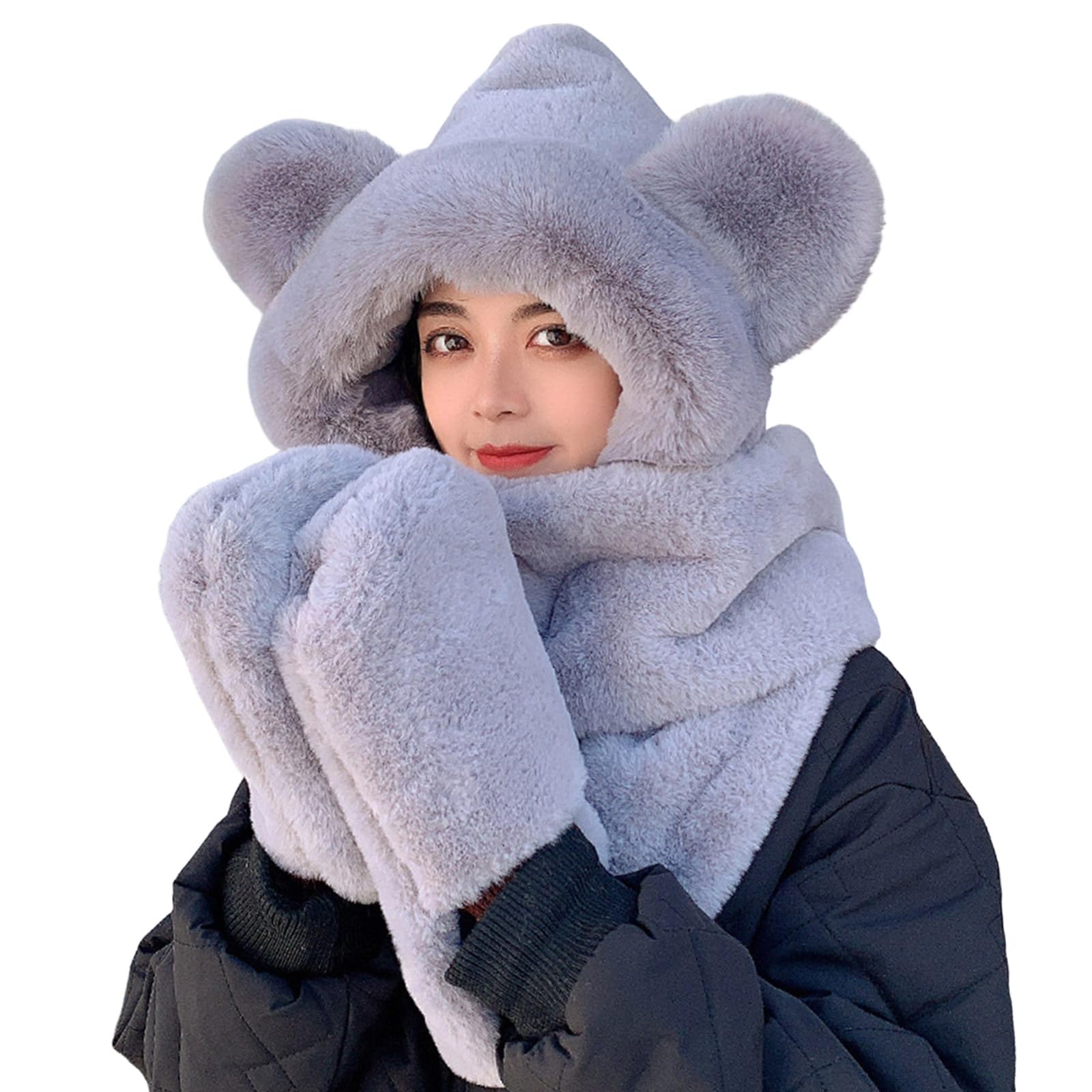 YUXITA Unisex Warm Hooded Scarf Trapper Hat Stylish Gloves Warm Ushanka Hat for Outdoor Winter for Skiing Camping Hiking