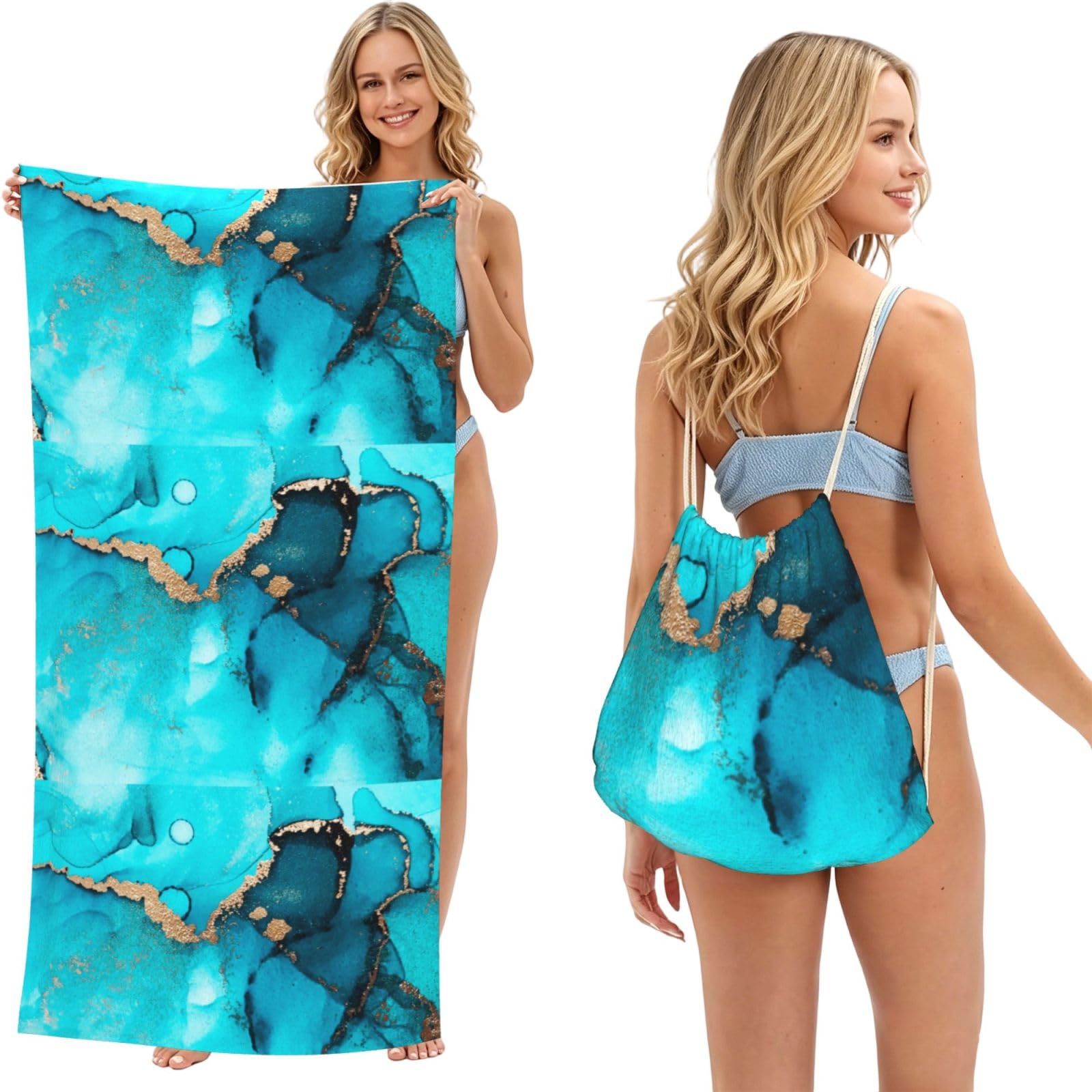 Poadnly Trendy Abstract Teal Gold Swirls, 2 in 1 Packable Towel Bag, Beach Towels with Drawstring Backpack for Travel Holiday Camping