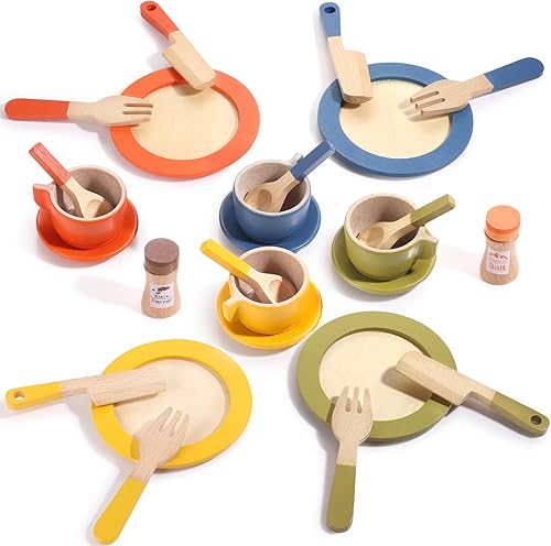 GAGAKU Juego de platos de madera para niños, platos de juego para la cocina de los niños, juego de platos de madera para niños pequeños, accesorios
