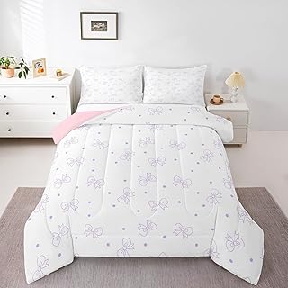 Manfei Lindo juego de edredón con lazo, tamaño King, juego de ropa de cama con estampado de lazos lilas, 3 piezas, edredón de plumón femenino de dibujos animados para todas las estaciones, decoración