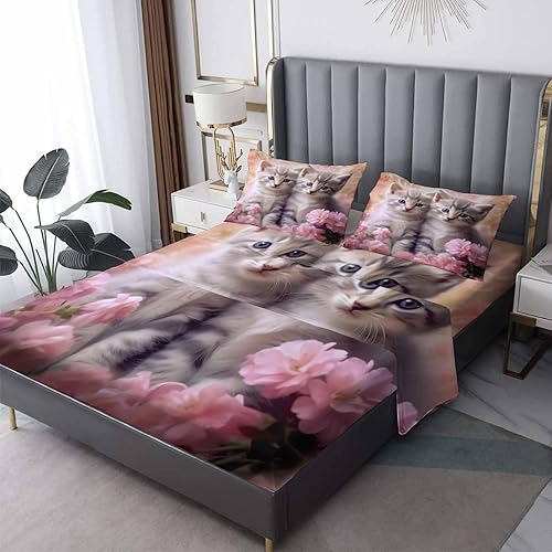 Miniatura 1 de Juego de sábanas de tamaño Queen para gatos, sábanas de microfibra suave y bolsillo profundo, sábanas y fundas de almohada estampadas sin arrugas, 4