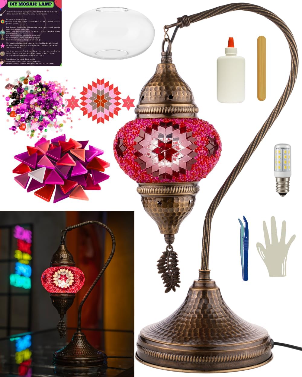 DEMMEX DIY Turkish Mosaic Lamp Making Kit  No Grout Needed  Fun, Easy, No Experience Required  Complete Mosaic Art & Craft Project Kit for Adults & Teens  Make Your Own Table Lamp (Pink)
