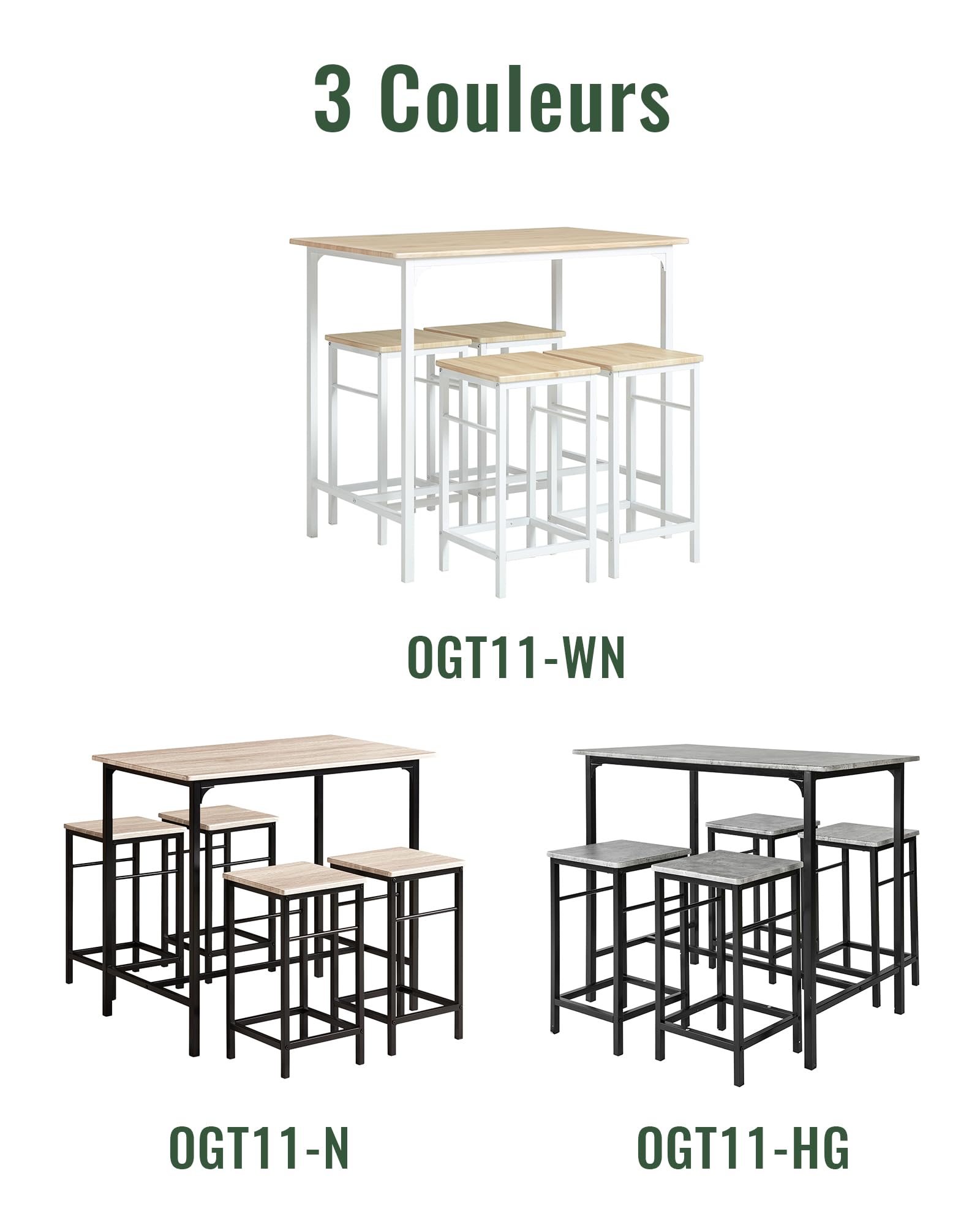 SoBuy Set de 1 Table + 4 Tabourets, Ensemble Table de Bar Bistrot + 4 Tabourets avec Repose-Pieds, Table Haute, Mange-Debout pour Salle à Manger, Cuisine, Salon, Balcon, Blanc+Naturel, OGT11-WN