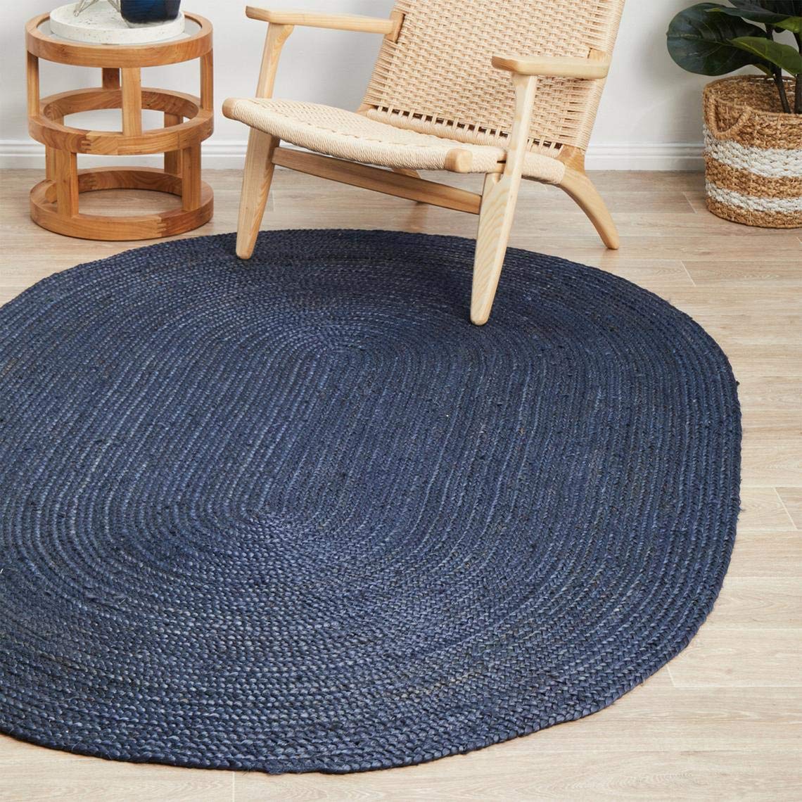 Tapis ovale en jute artisanal bleu 200x300 pour grand couloir