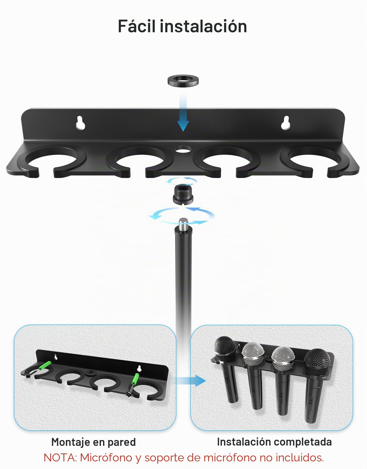 [Actualización 2026] Soporte de micrófono múltiple para soporte de micrófono, organizador de almacenamiento para múltiples micrófonos dinámicos de mano con cable e inalámbrico, soporte de pared