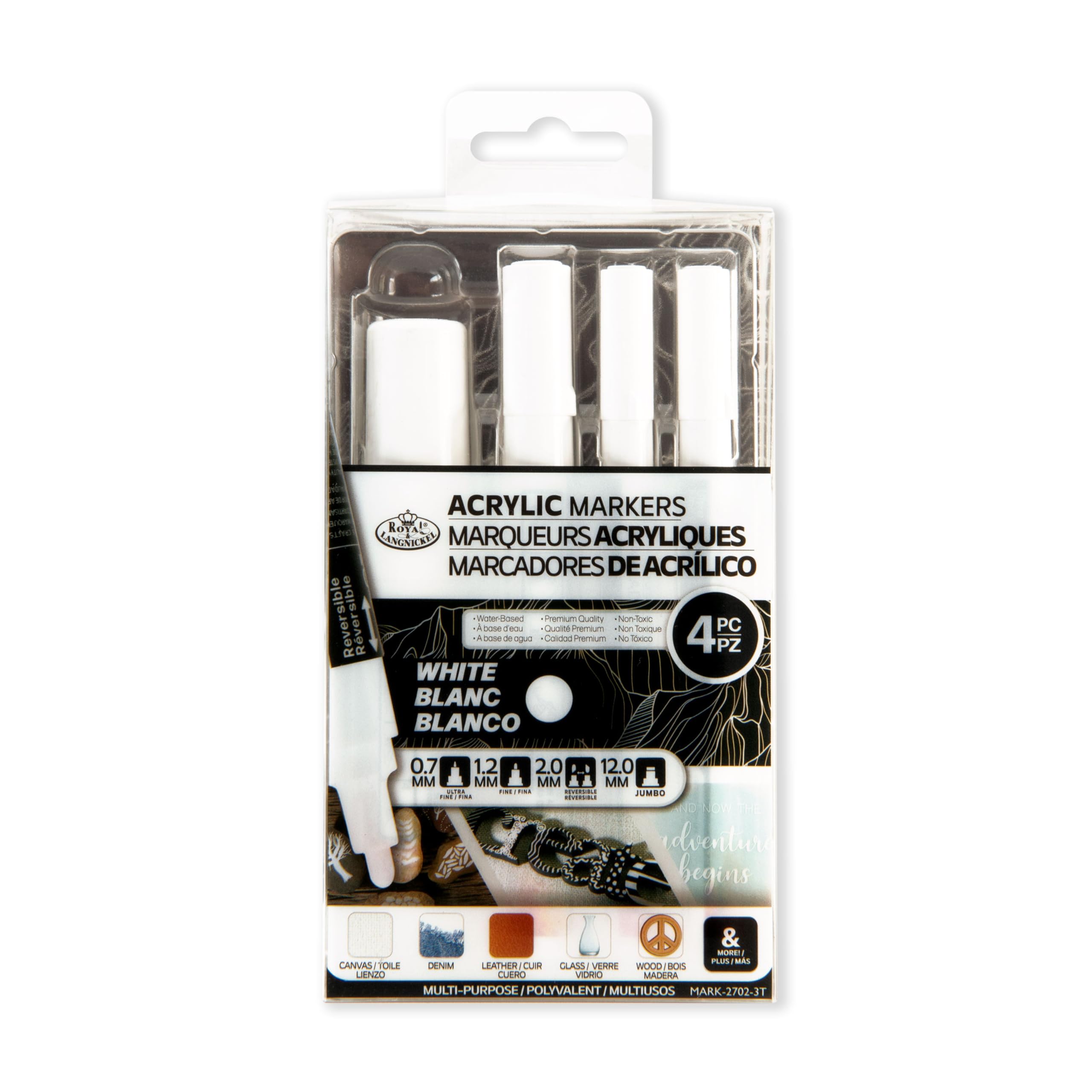 Royal & Langnickel 4pc ASSORTED SIZE WHITE CRAFT ACRYLIC PAINT ARTIST MARKERS. 0.7mm, 1.2mm, 2mm, 12mm.