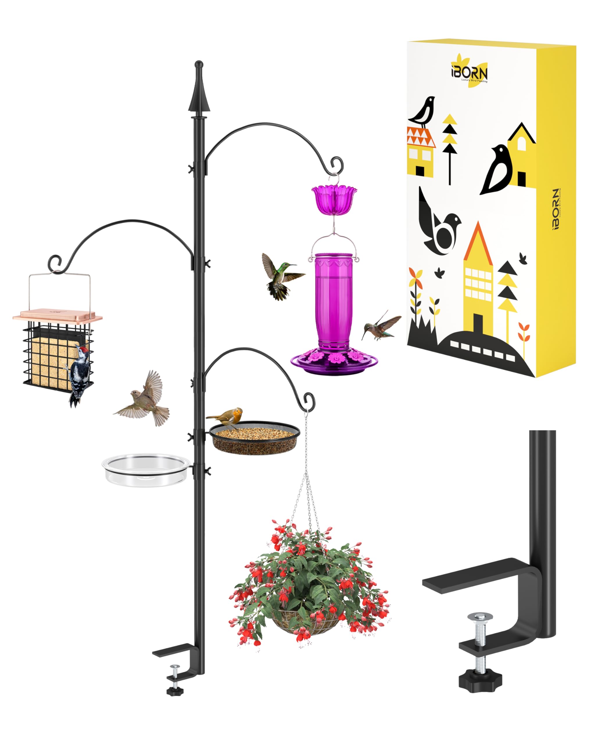 iBornShepherds Hooks for Outdoor Clamp On Deck Hook for 45“ Bird Feeder Hangers for Deck Railing Humming Bird Feeders Hanging Tri-Hooks+Feeder Trays 2024 Upgraded (Feeders are Not Included)