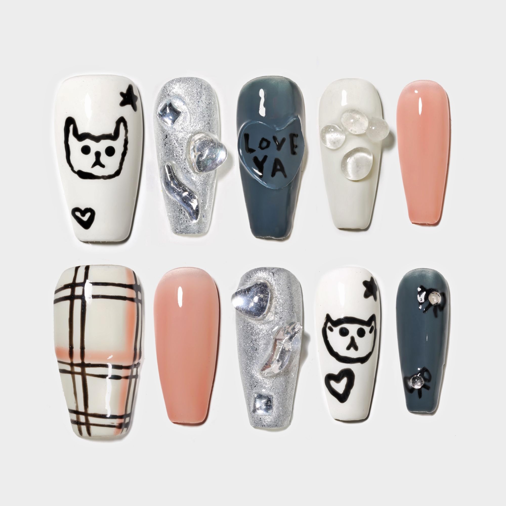 Sun&Beam Nails Handmade Press-on Long Coffin Ballerina Red White Black Silver Glam Halloween Ombre Design Fashion False Nail Tips 10 Pcs Set (#189 M) — view 27