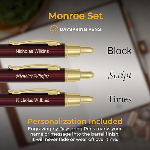 Miniatura 3 de Dayspring Pens Juego de bolígrafo y lápiz de regalo Monroe grabado, acabado lacado rojo con borde dorado. Bolígrafo Click-Action y lápiz de 0.028