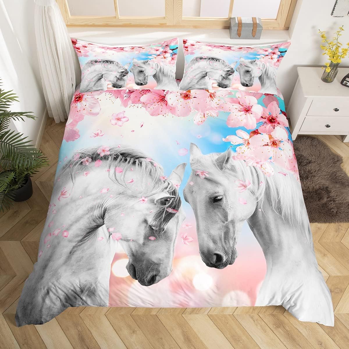 Homemissing King Ma Comforter Cover Set couple white flying horse bed decoration cherry blossom Duvet Cover love wildtree branch decoration Comforter Cover Set collection room — image 1