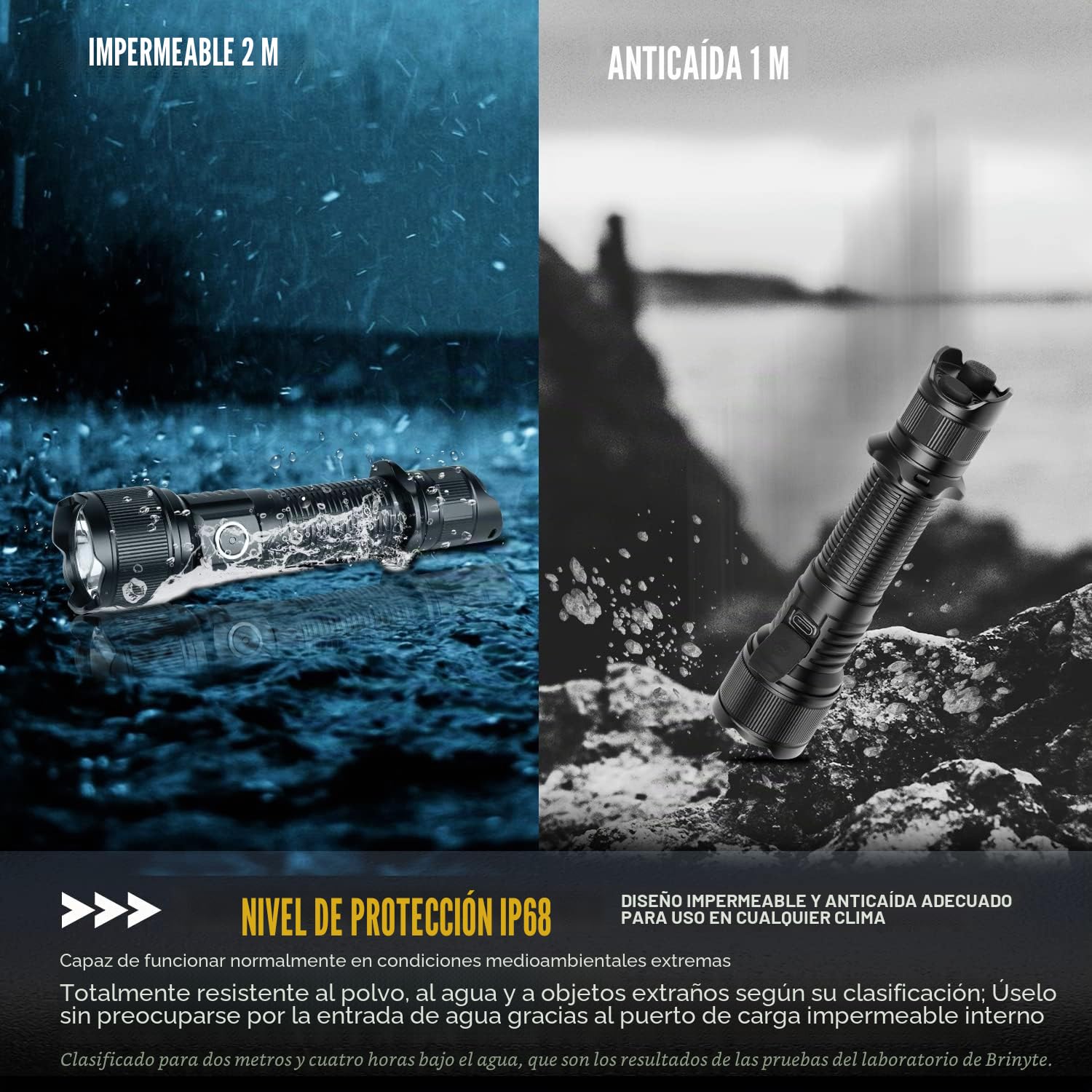 Brinyte PT16 Linterna Táctica Ultrabrillante Largo Alcance Emergencia | 2000 Lúmenes,Alcance Máximo 600m,6 Modos Luz Intermitente&SOS, Indicador Estado,Bloqueo Teclas,Camping Senderismo Emergencias