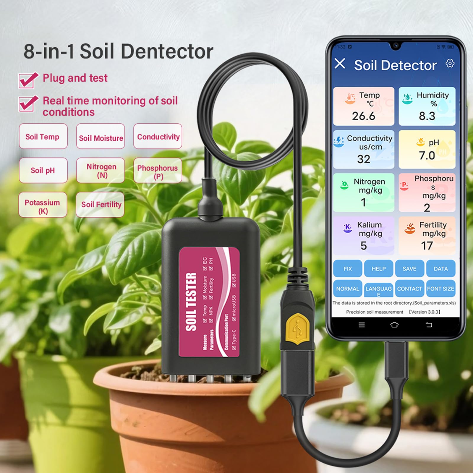 Herramienta de medición de suelo multifuncional de mano con lectura rápida y fácil operación para solución agrícola inteligente probador de suelo