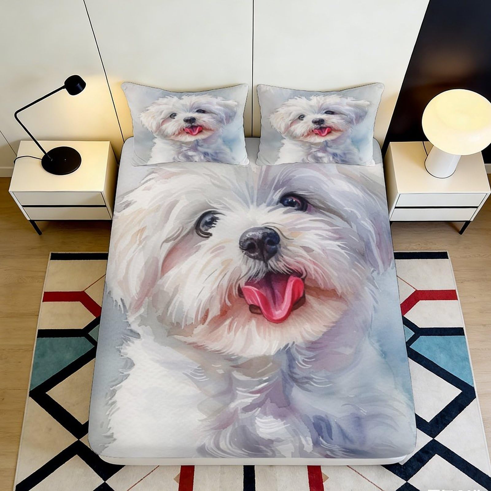 Pnayamiorkfel Style-6 3D Printed White Dog Fitted Sheet Microfiber Soft Breathable Puppy Bed Cover For Bedroom Guest Room Decor 90X200x25cm
