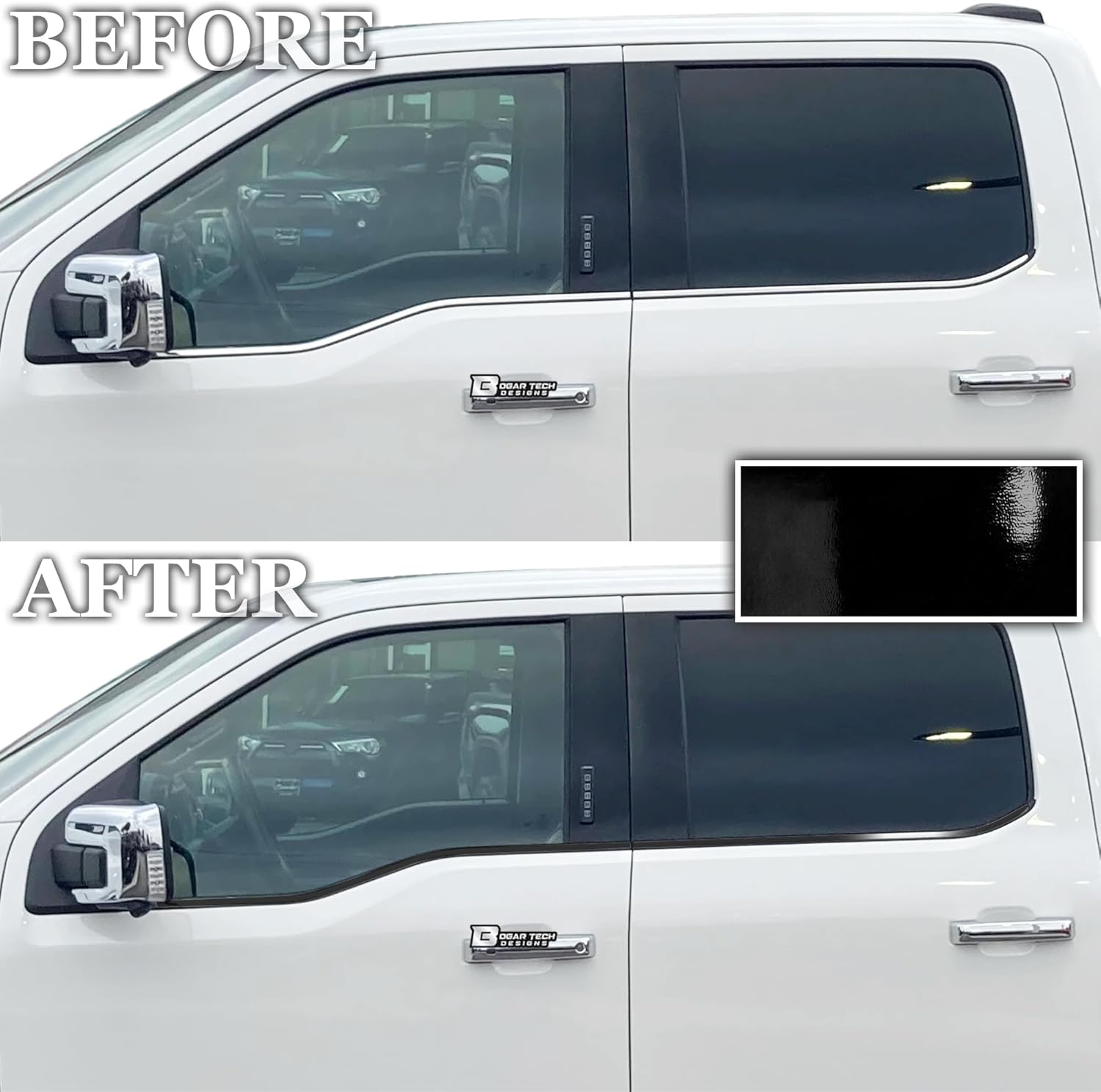 BOGAR TECH DESIGNS Side Window Chrome Delete Overlay Compatible with Ford F-150 2021-2025, Gloss Black