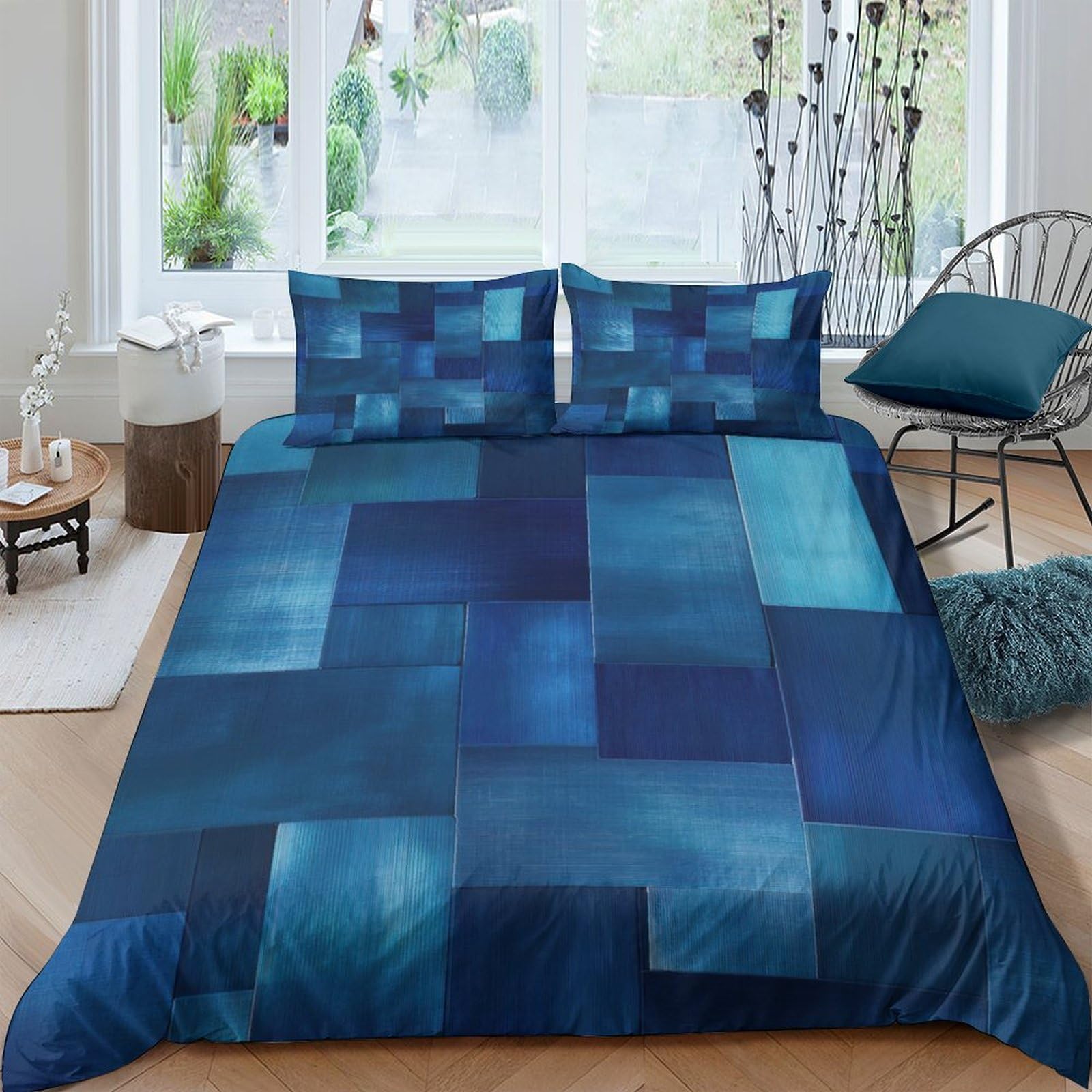 Ctjqhvkz Style-9 3D Printed Blue Geometric Fitted Sheet Microfiber Soft Bedroom Decor Gradient Square Mattress Cover For Home Dorm Single（135X200cm）