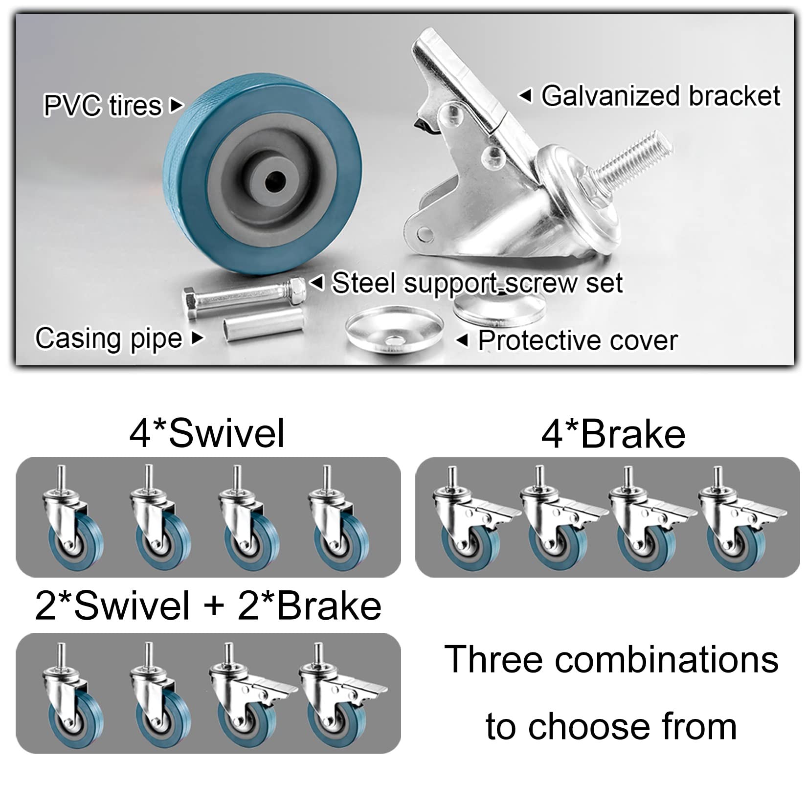 Confezione da 4 ruote girevoli da 6,3 cm e 7,6 cm, con doppio attacco filettato M10/M12, silenzioso, capacità di carico 122,5 kg, perfette per mobili progetti fai da te e facile mobilità