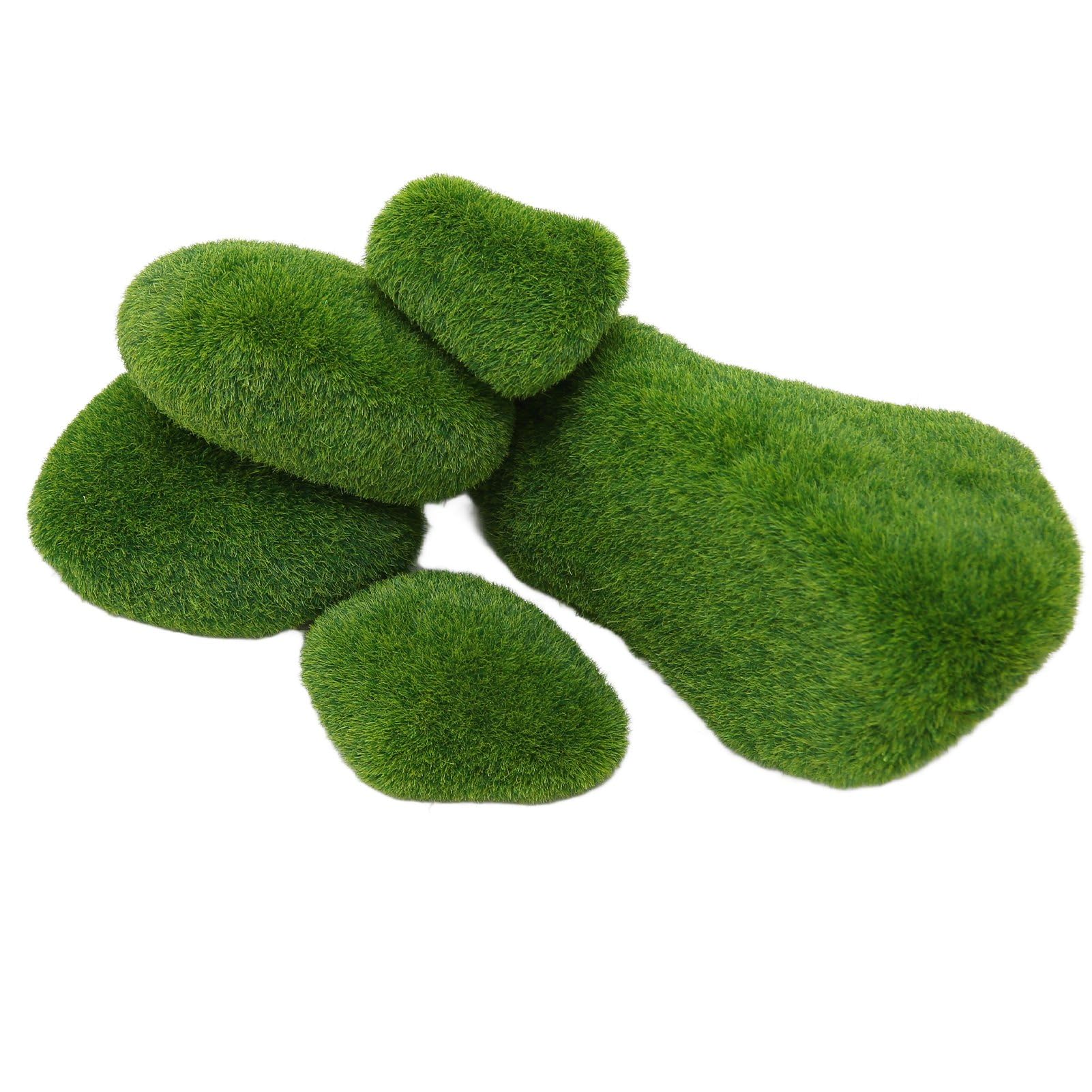 5 Different-Sized Artificial Mossy Rock Decorations - Resin Green Moss Balls, Moss-Covered Stones, and Faux Mossy Accents