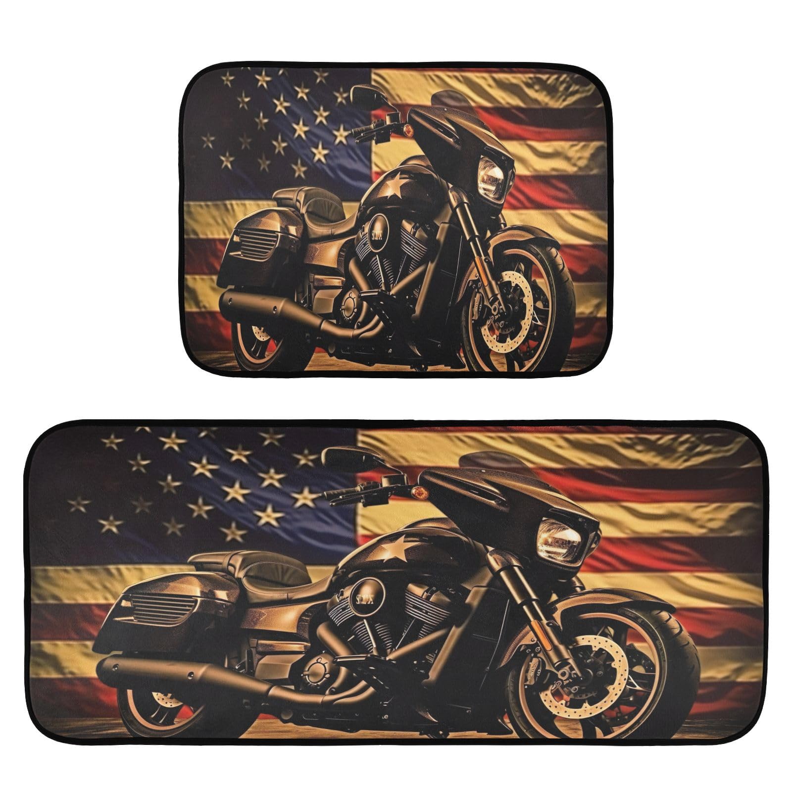 Msyxl Kitchen Mats Set of 2 Cushioned Comfort Non-Slip Absorbent Washable Kitchen Rugs, Vintage Motorcycle Flag Floor Mats for Home