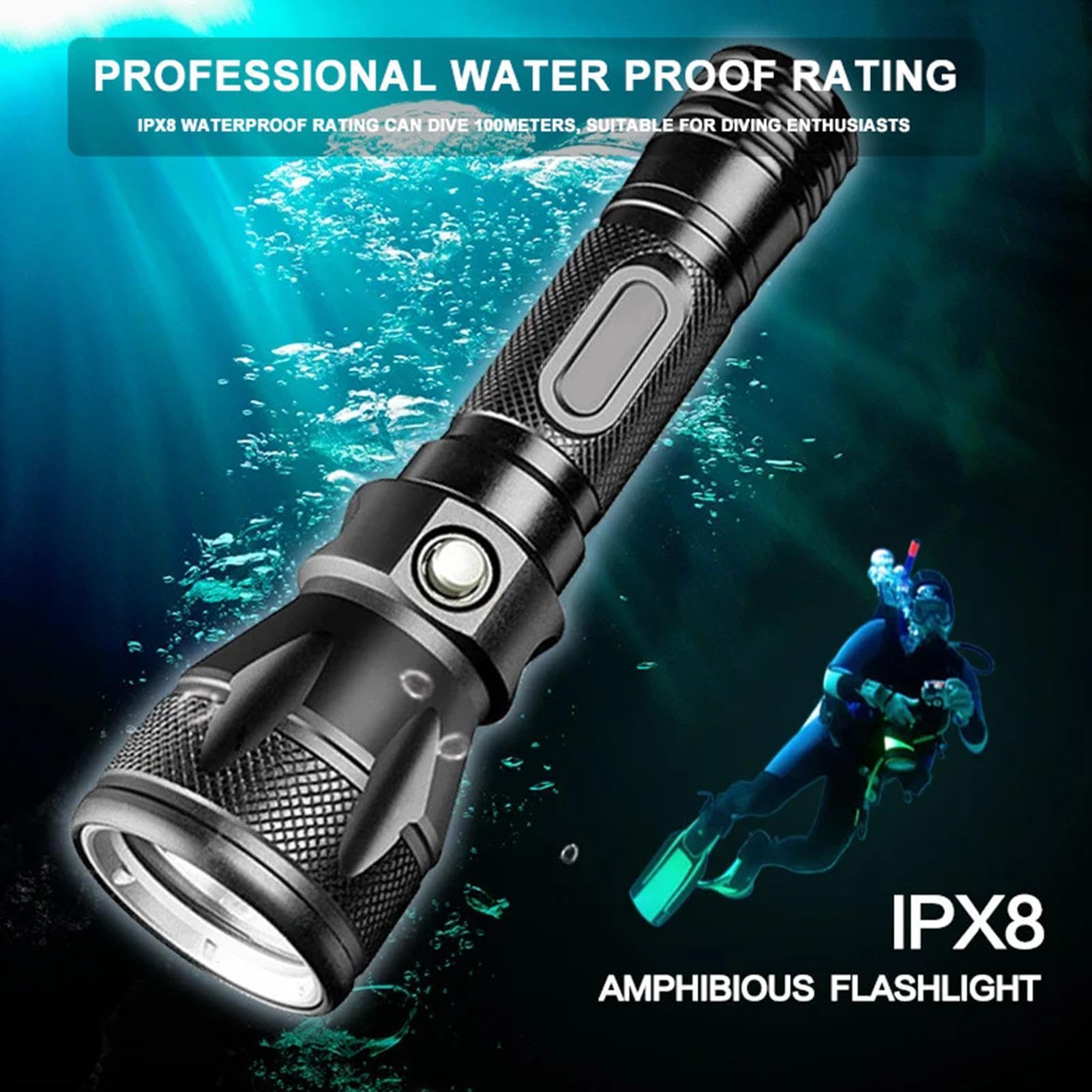 Torcia subacquea per immersioni, ricaricabile, impermeabile, ad alta potenza, con | Torcia subacquea per snorkeling notturno, attività sportive all'aria aperta e