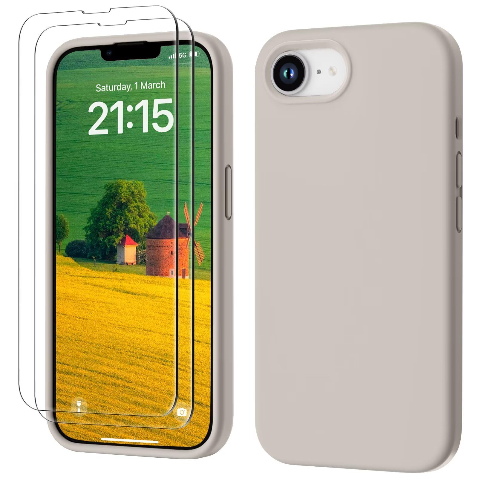 GOODVISH 3 in 1 Silicone Cover per iPhone 16e 6.1", Custodia con 2 Pellicola Vetro Temperato [Protezione Fotocamera] Protezione Anticaduta Case per Cellulare Antiurto Resistente, Grigio Roccia