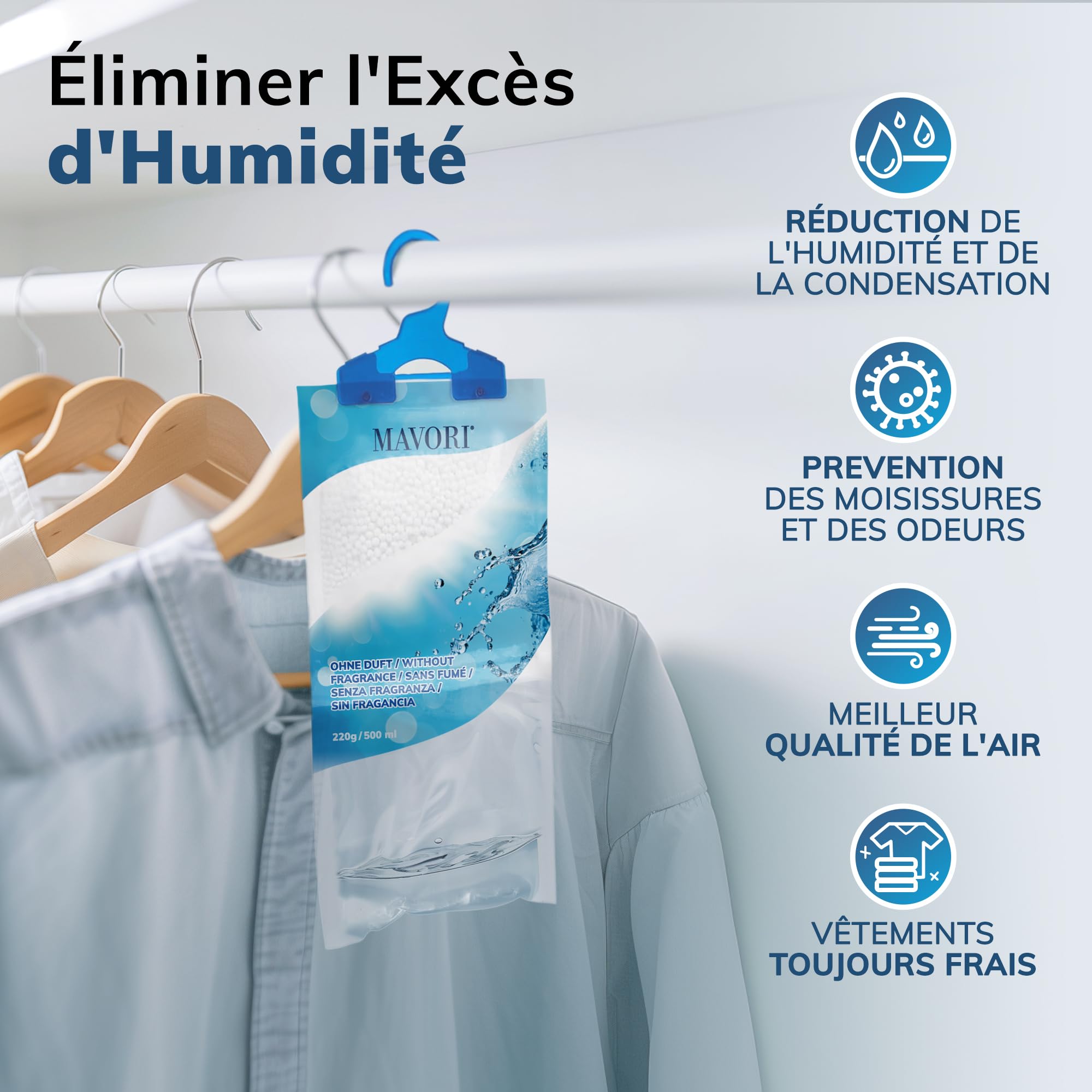 Lot de 10 déshumidificateurs XL à suspendre I sacs déshumidificateurs I déshumidificateur armoire et absorbeurs d'humidité pour pièces contre l'humidité, les moisissures et les odeurs
