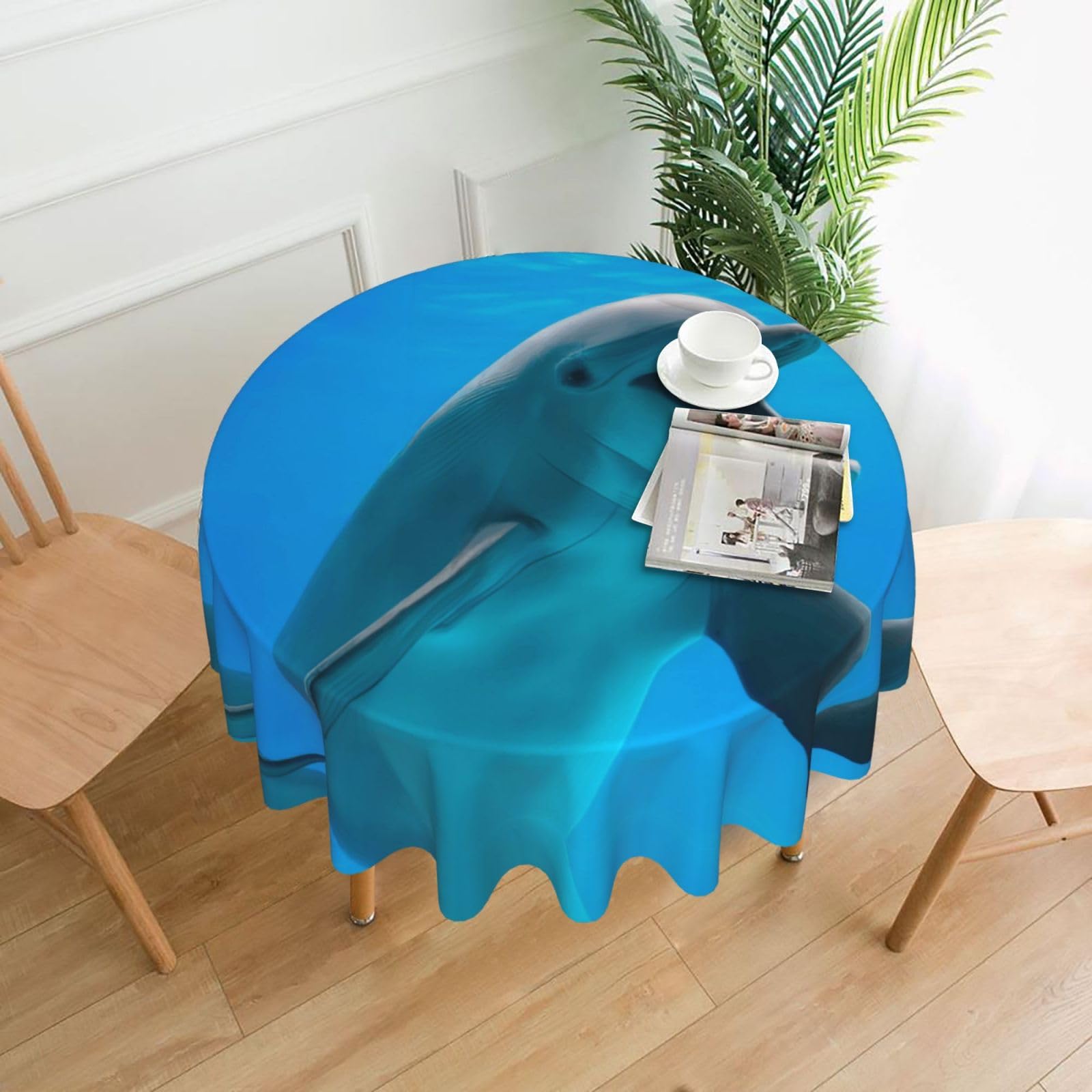 Whjssf Black Happy Dolphin Prints Round Decorative Tablecloth 60In - High-Grade Polyester Table Throw For Dining & Outdoor Parties