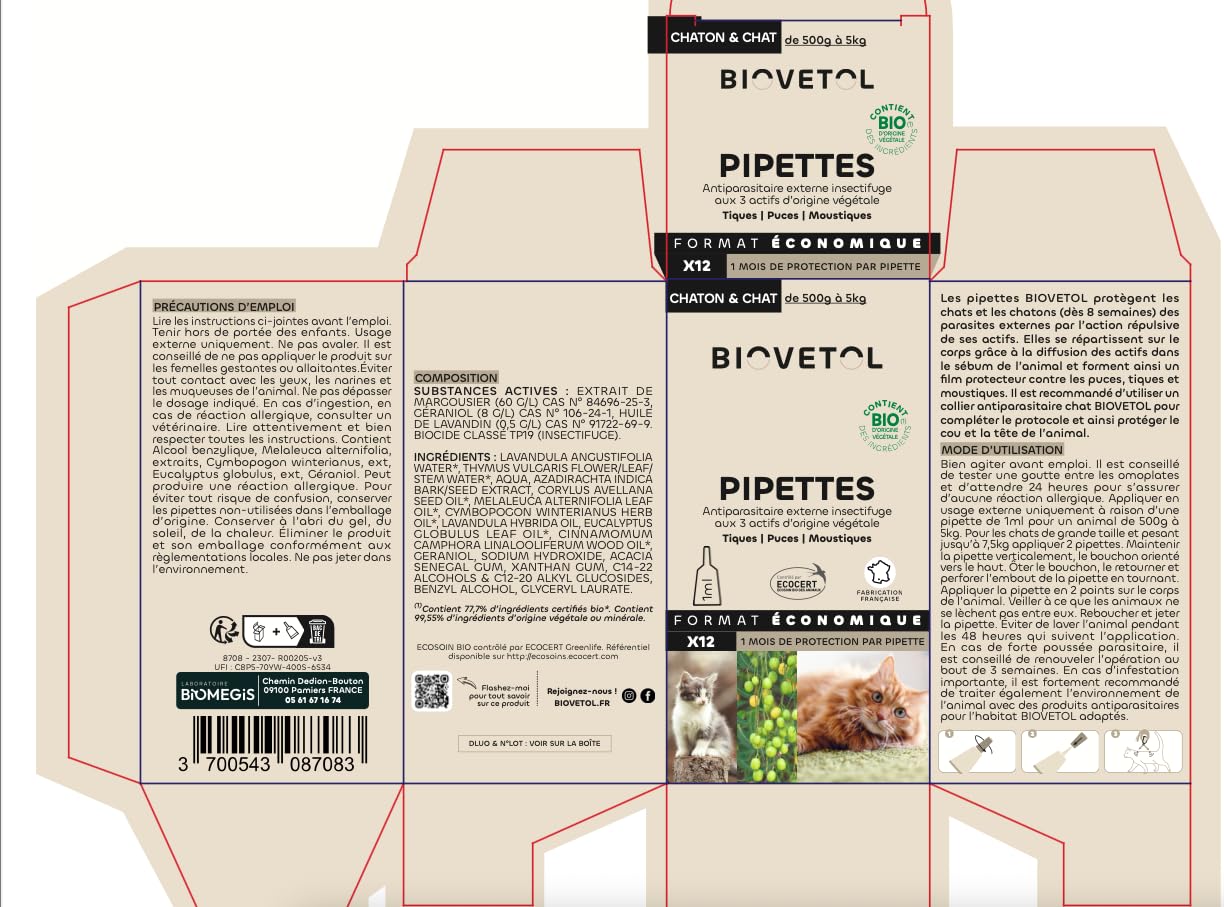 BIOVETOL - Pipettes Anti Puces, Anti-Tiques et Anti moustiques -Bio Certifié Ecocert - Repousse Pendant 4 Semaines - pour Chaton & Chat - Conçu et Fabriqué en France - 12 Pipettes
