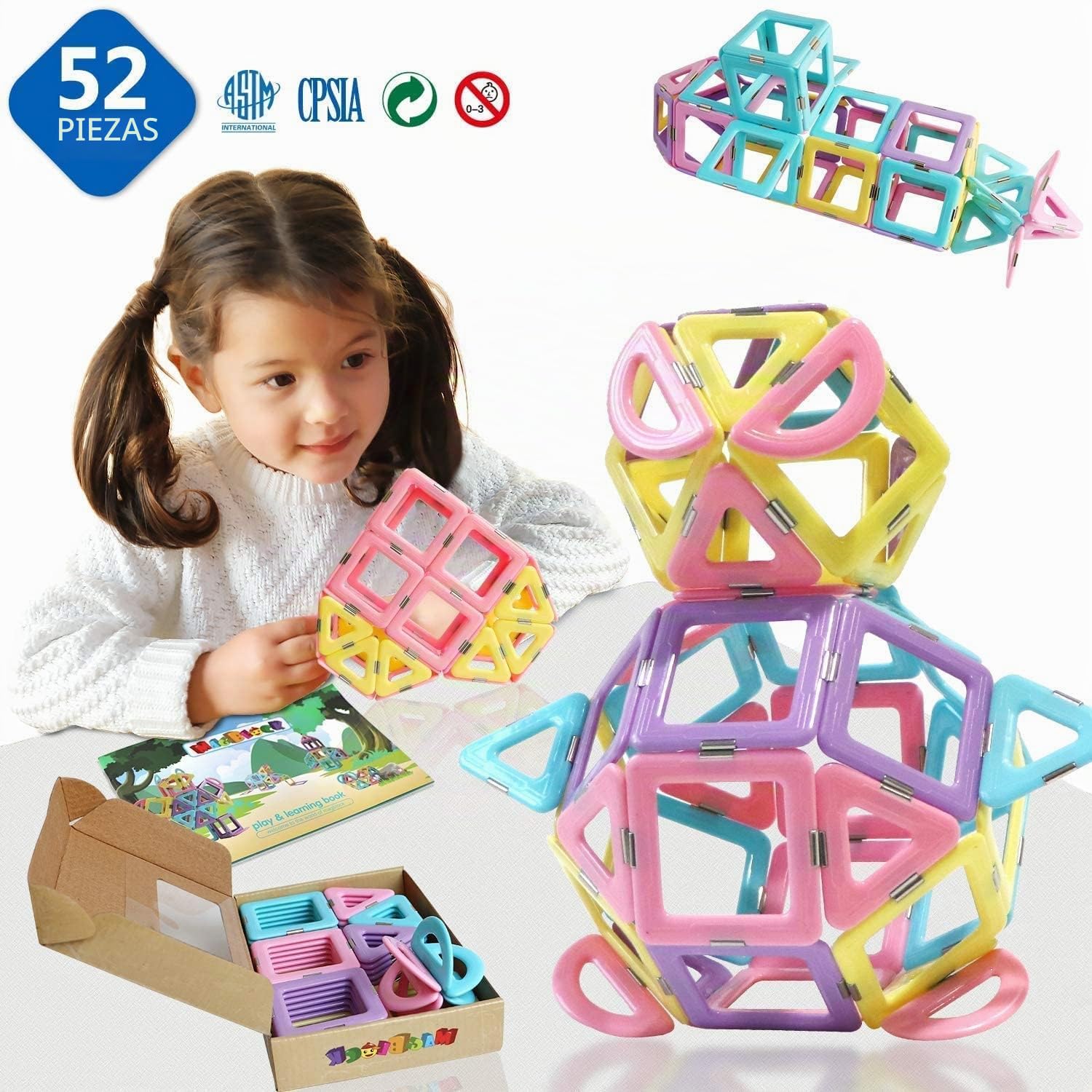 Magblock 52 Piezas Magnéticas Bloques de Construcción, Stem Juguetes Educativos de Construcción para Niños Regalo para Niños y Niñas de 3 Años en adelante