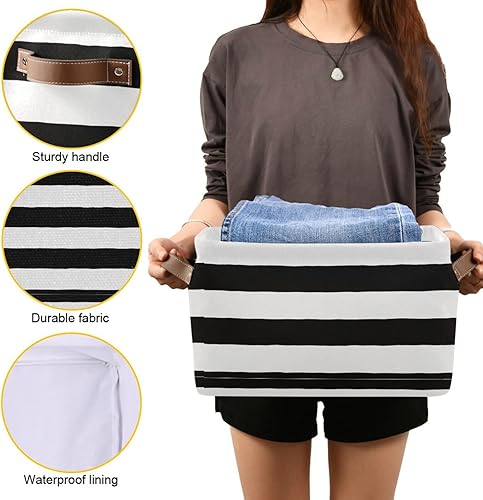 Miniatura 7 de Cesta de almacenamiento plegable grande, color negro y blanco, a rayas, bolsa organizadora plegable con asas, 15 x 11 x 9.5 pulgadas