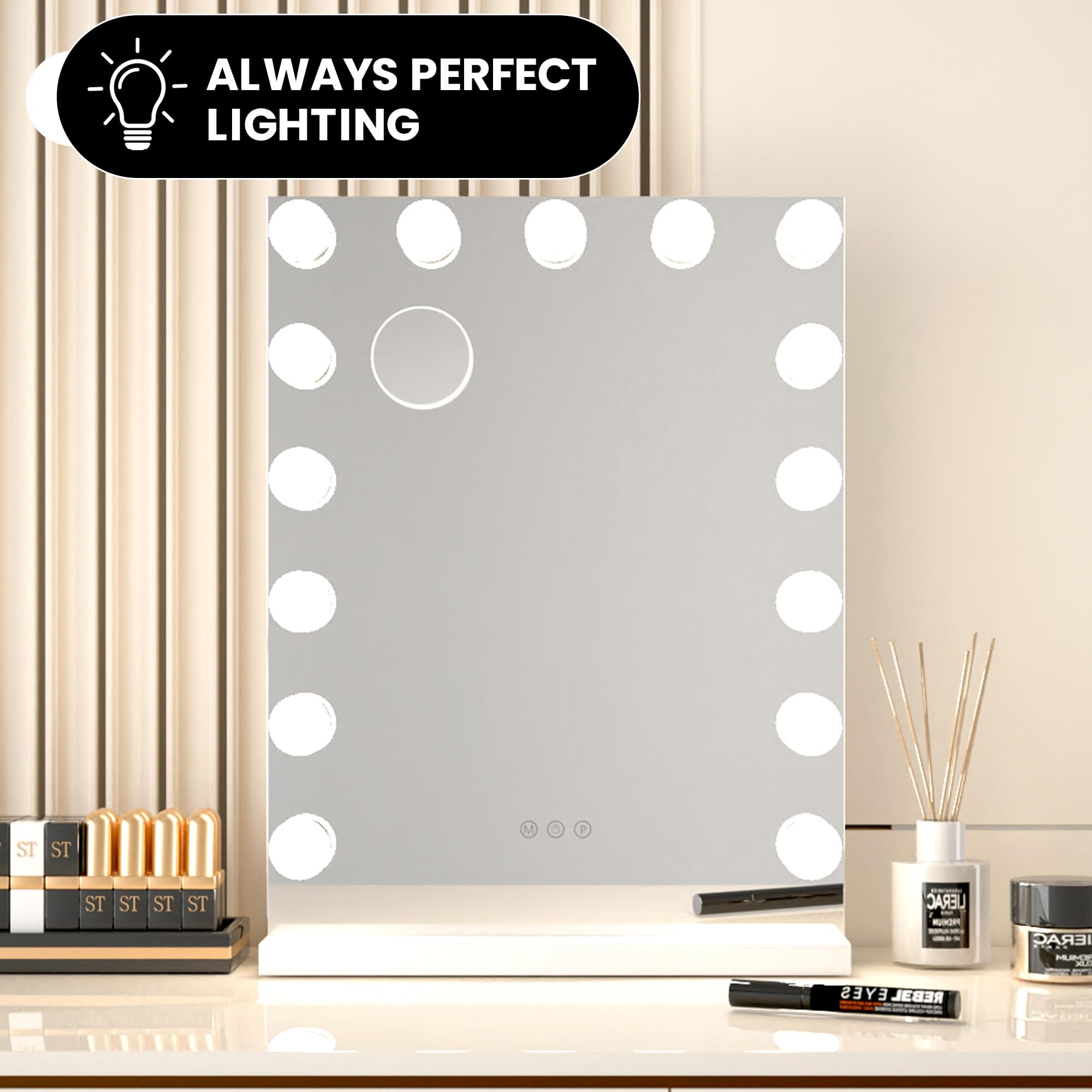 Bayt Specchio Trucco con luci LED – Specchio Hollywood Bianco 43x60 cm con 15 Lampadine Dimmerabili, 3 Tonalità di Luce (calda, fredda, naturale), Touch Screen & Specchietto Ingranditore 10x