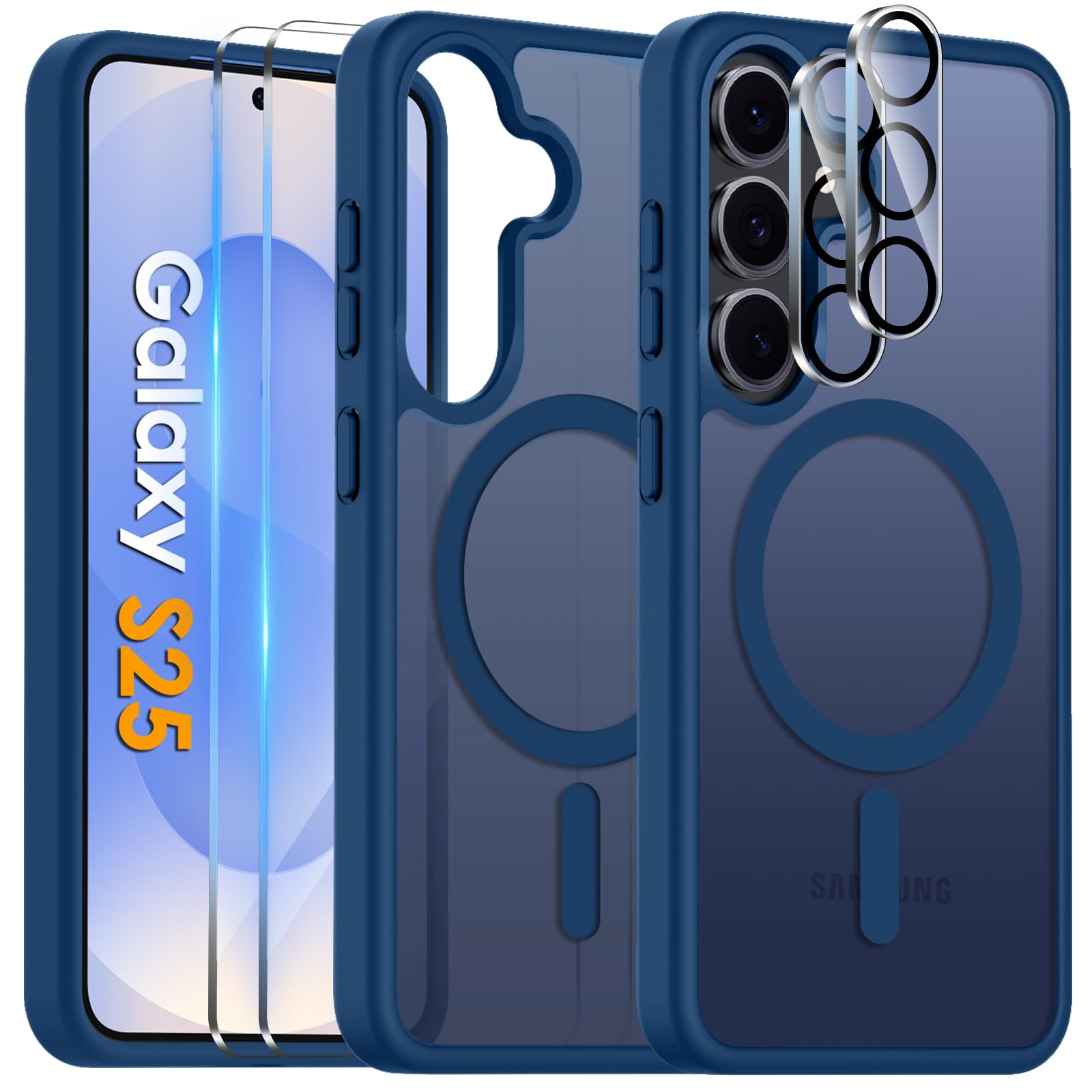 COPIKE Cover Magnetica per Samsung Galaxy S25 con 2 Vetro Temperato e 2 Lente Fotocamera Protezione, Custodia Sottile Antiurto Posteriore Glassata Traslucida Anti-Impronte, Opaca Blu