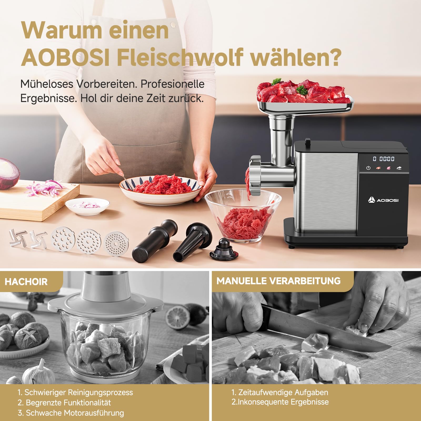 AAOBOSI Fleischwolf Elektrisch [3000W MAX] mit LED-Display,3 Geschwindigkeiten,Fleischwolf mit Anti-Verstopfungstechnik,Eingebauter Speicherbox,Wurstfüller & Kibbe-Herstellung für den Hausgebrauch