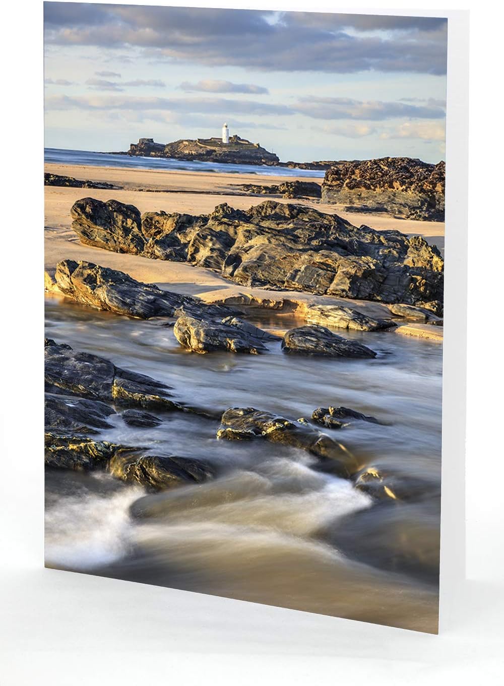 A5 Greetings Card featuring a photograph of Gwithian Beach and Godrevy Lighthouse in Cornwall by Andrew Ray.