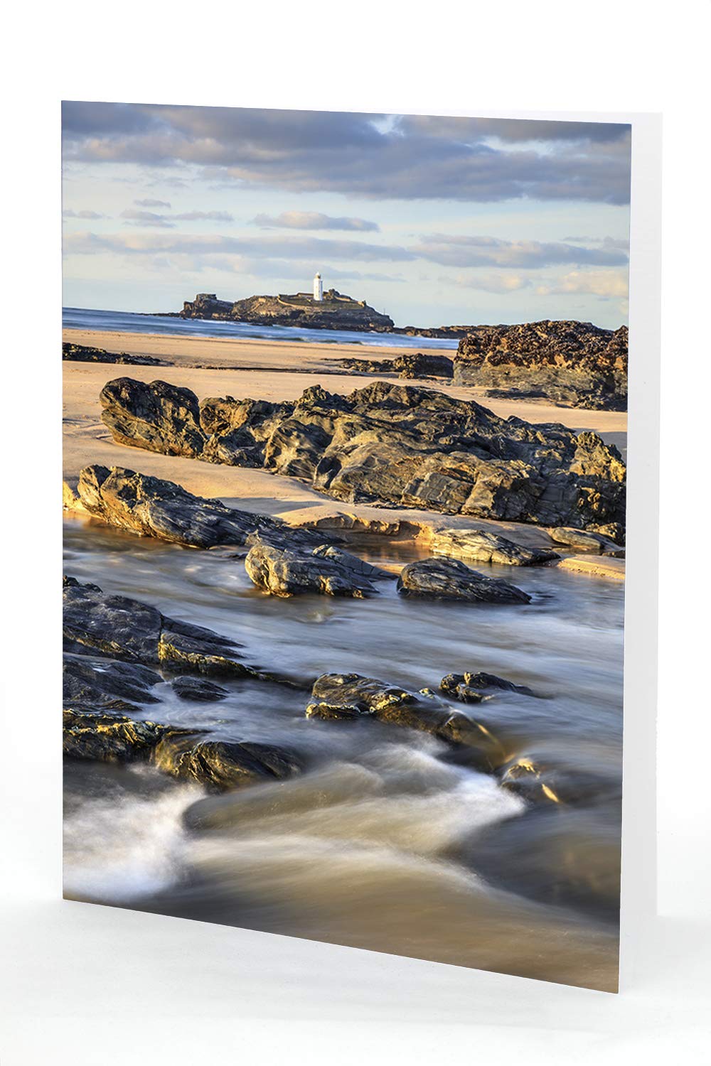 A5 Greetings Card featuring a photograph of Gwithian Beach and Godrevy Lighthouse in Cornwall by Andrew Ray.