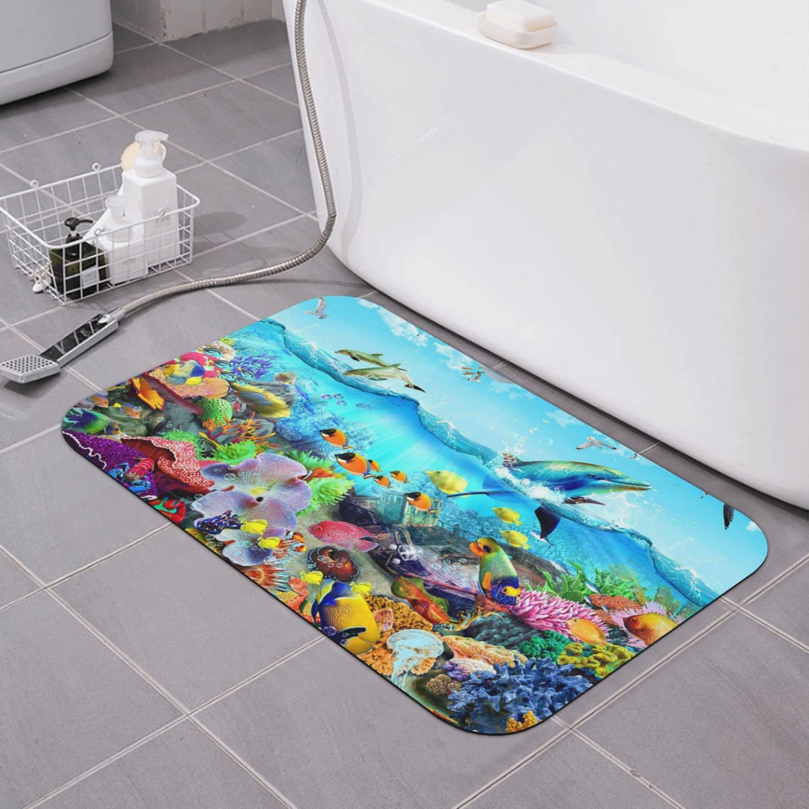 Tapis de douche sec en diatomee avec motif oceanique : tapis de salle de bain facile a nettoyer