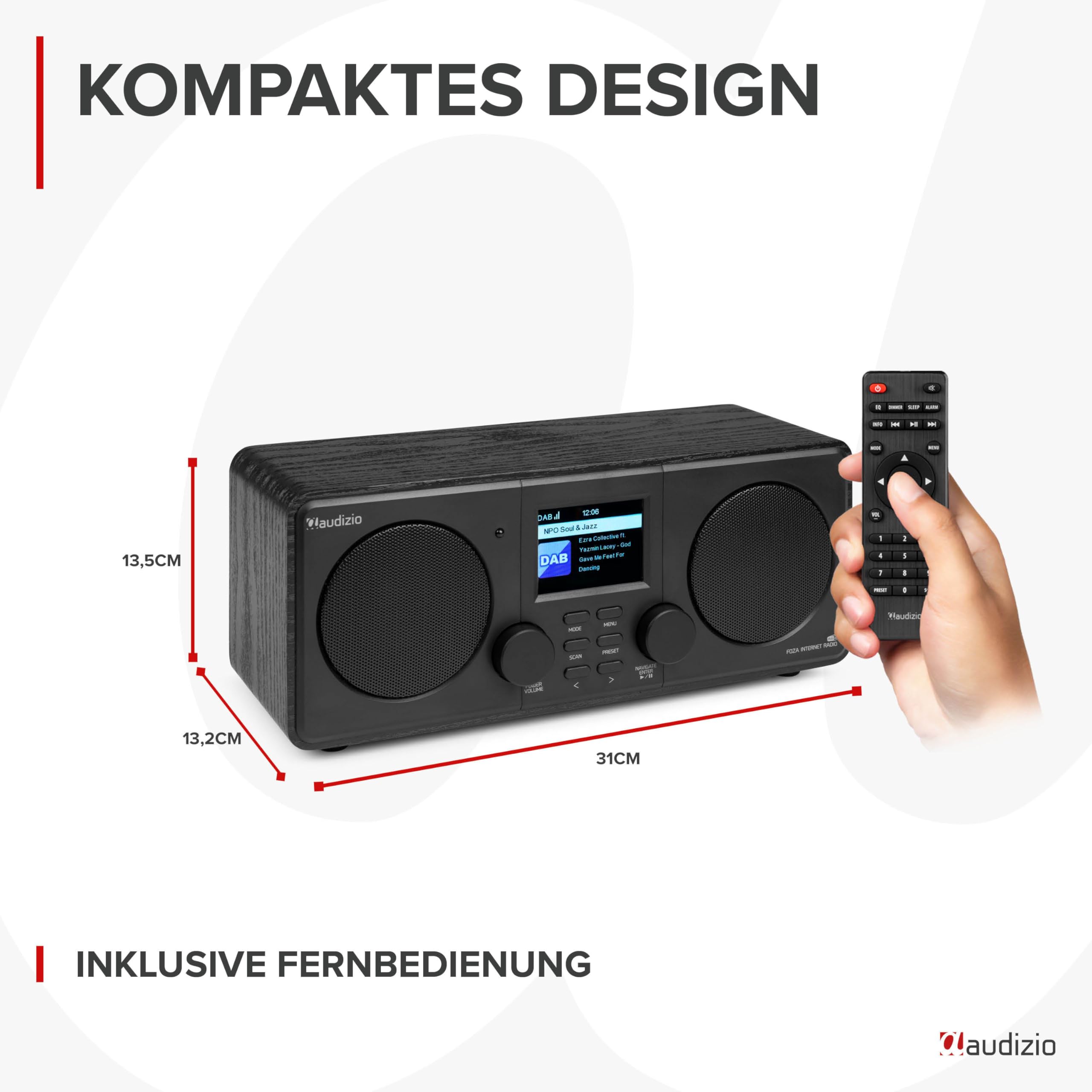 Audizio Foza - Internetradio WLAN, DAB Radio mit Bluetooth, Fernbedienung, 50 Watt, FM, AUX in, USB, MP3, Kopfhörer Anschluss, DAB Plus Radio, Küchenradio, Dual Alarm, Sleeptimer - Schwarz