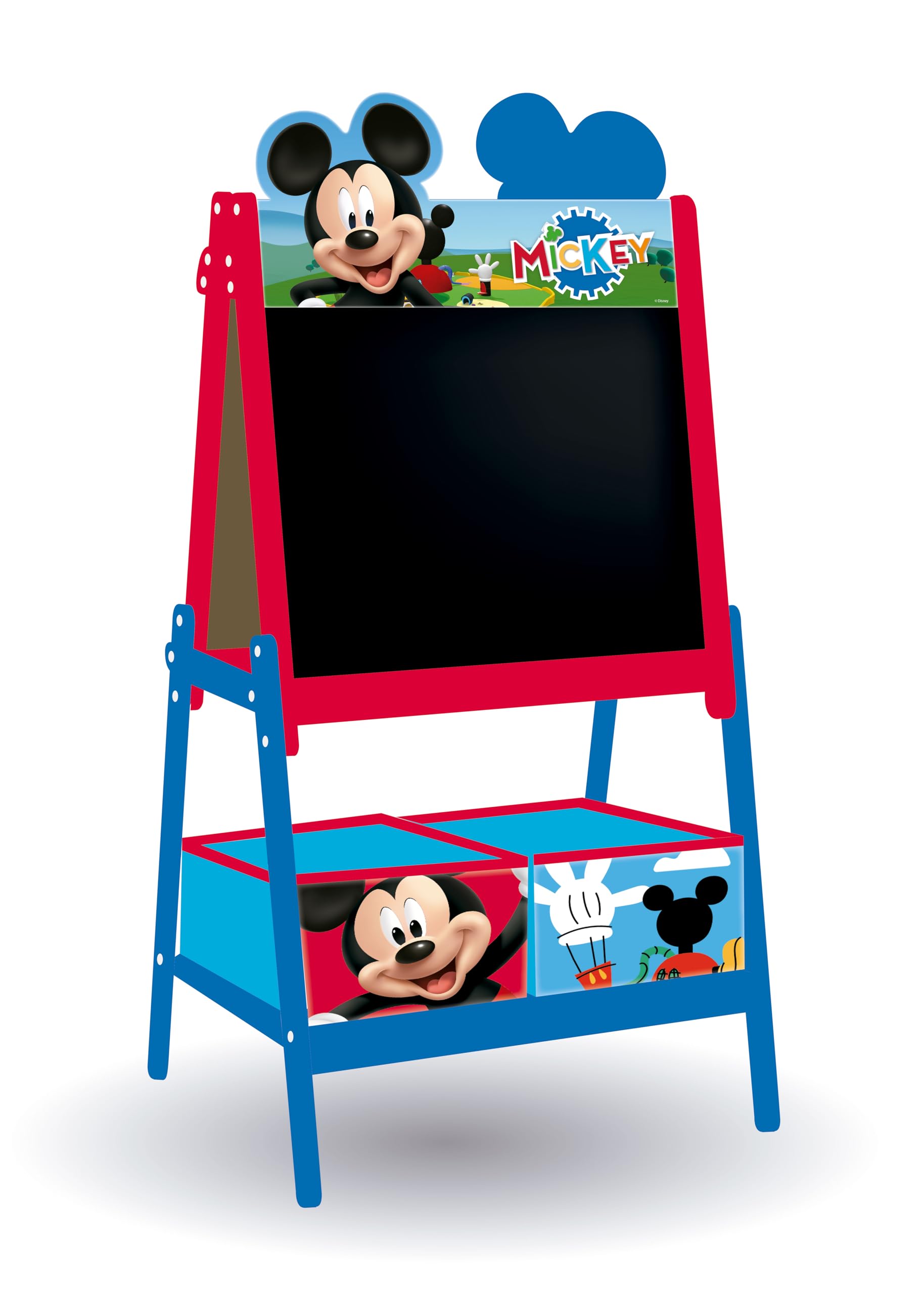 ARDITEX - Pizarra infantil de Disney Mickey Mouse con doble superficie para uso de tiza y rotulador y 2 contenedores textiles para almacenaje - 54x45x117cm - Contenedores de 24x30x15cm - Color rojo