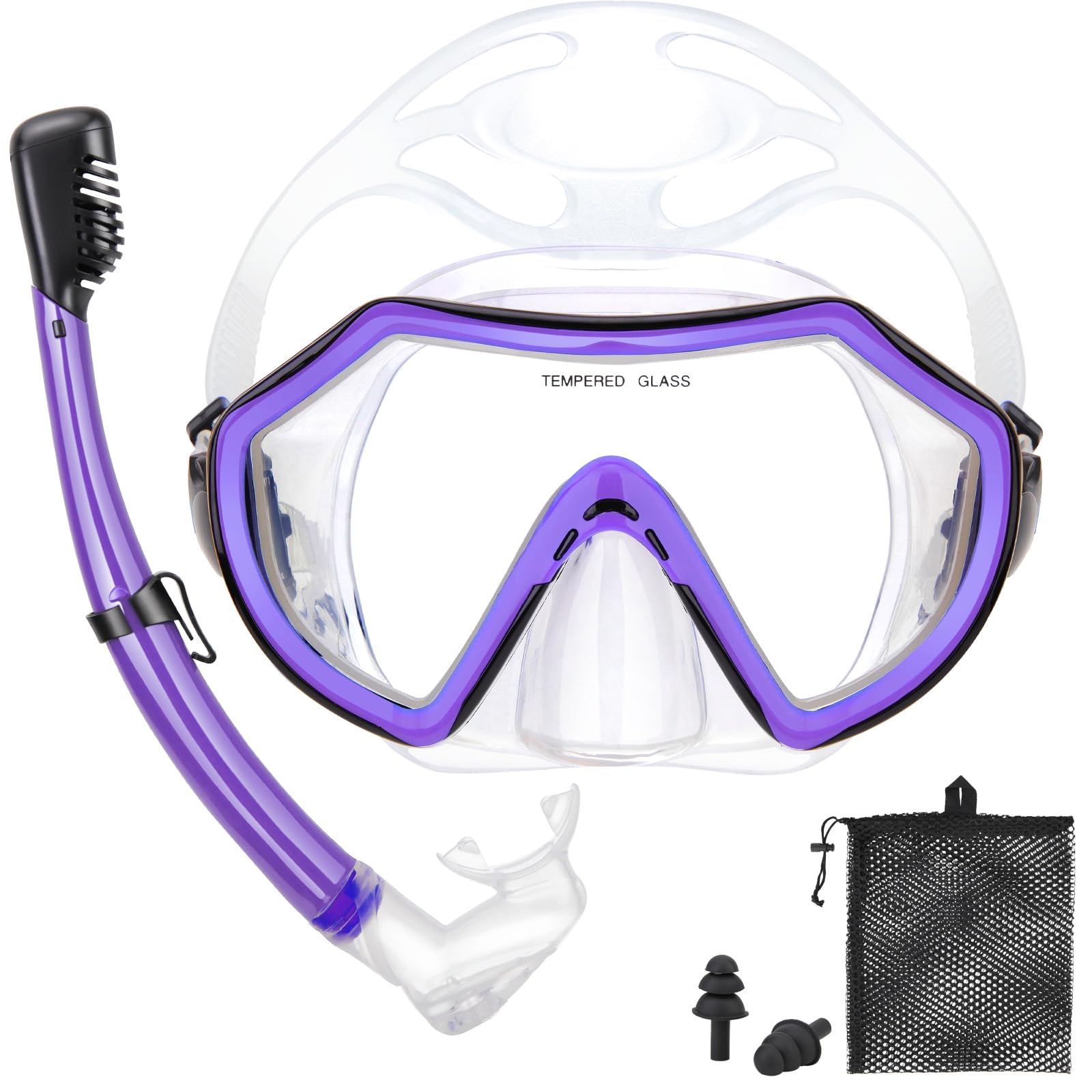 Snorkeling Gear for Adults, Dry Adult Snorkel Set HD Panoramic View Snorkel Mask Set, Anti-Leak and Anti-Fog Scuba Diving Package with Mesh Bag Ear Plug for Snorkeling Scuba Diving Travel